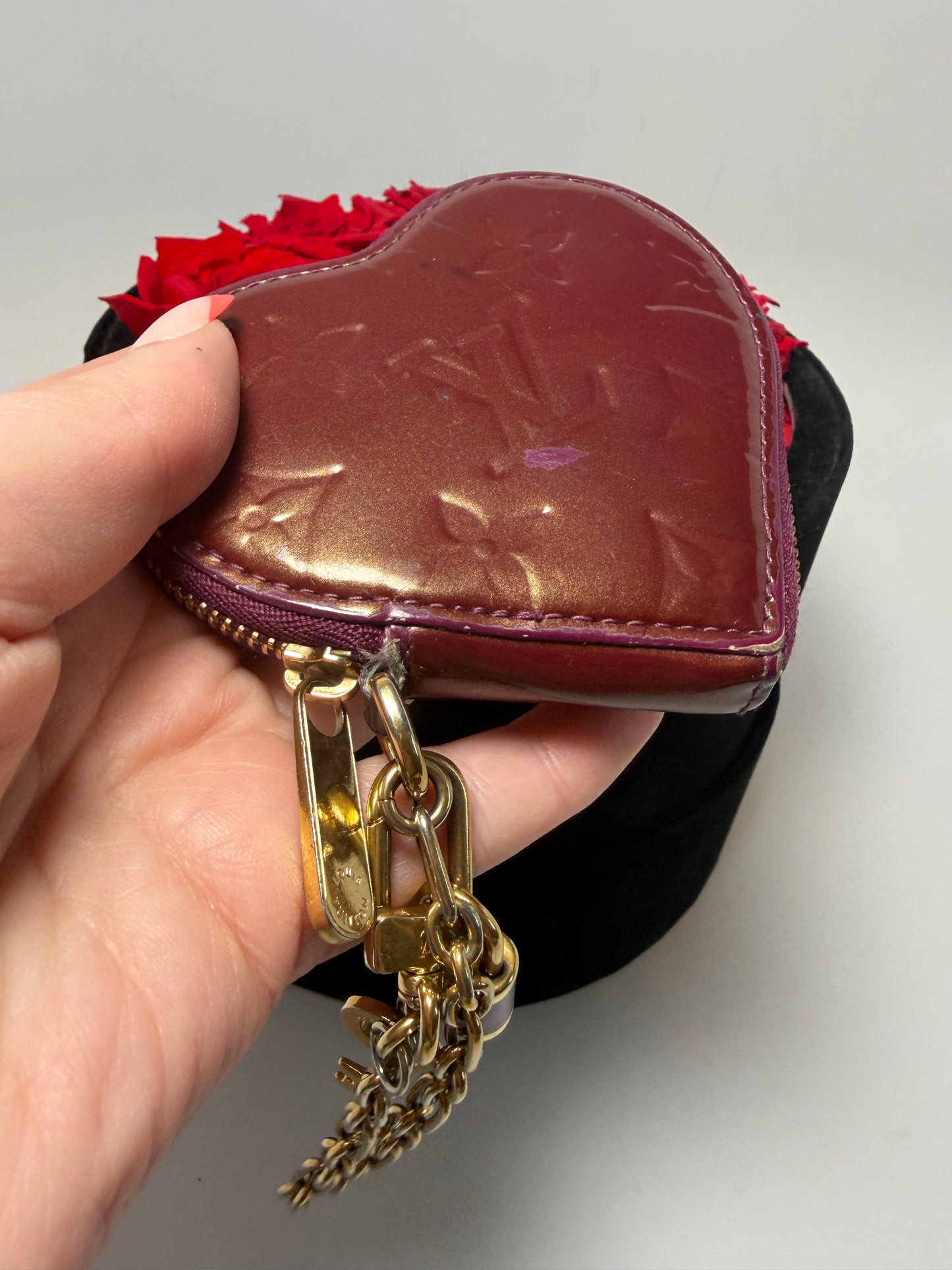 Louis Vuitton Monogram Vernis Heart Coin Purse in Amarante Color