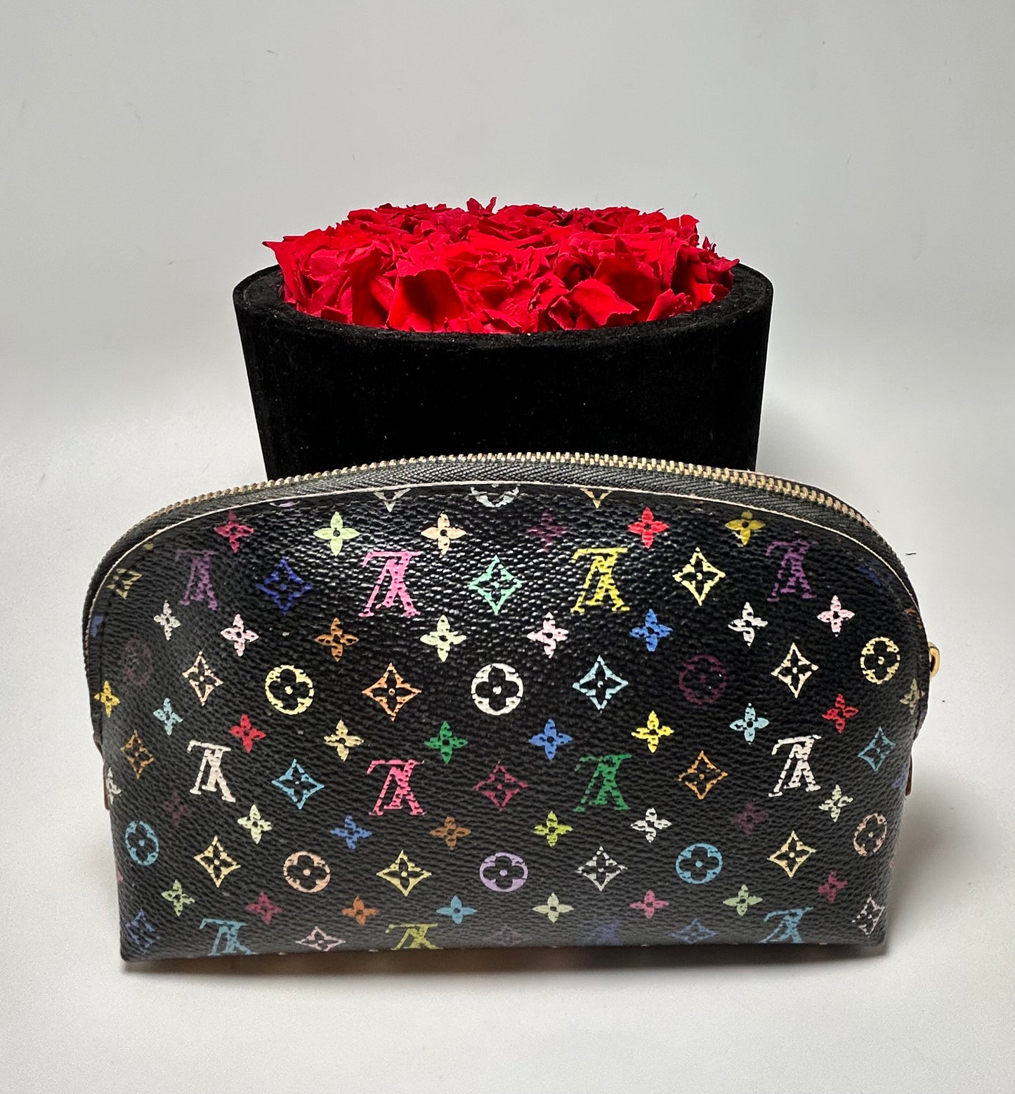 Louis Vuitton Takashi Murakami Black Multicolore Monogram Cosmetic Pouch w/Hot Pink Interior
