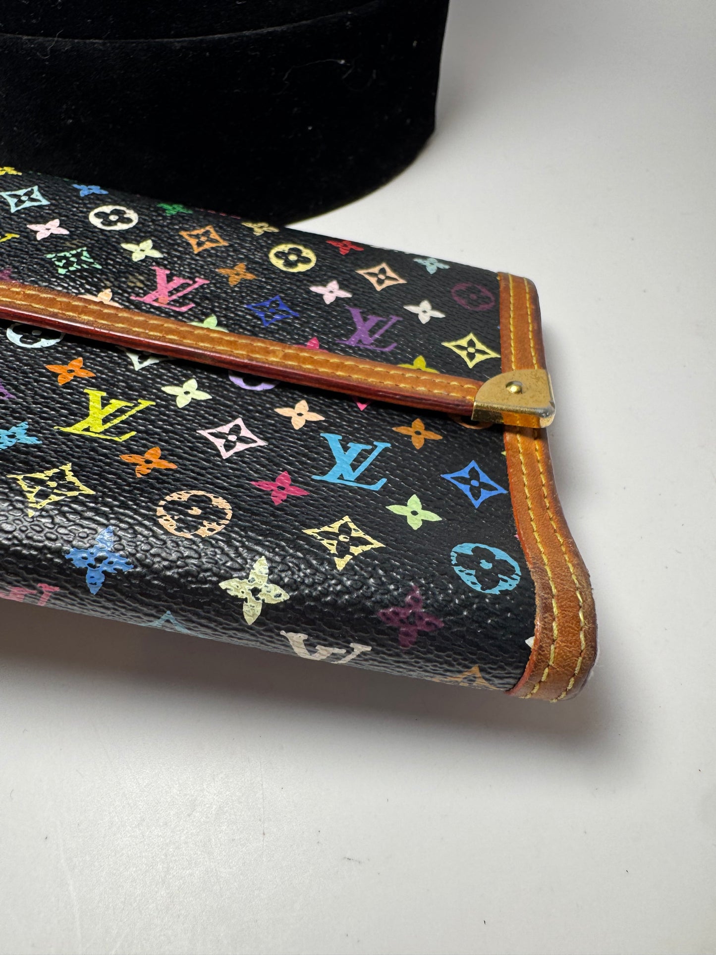 Louis Vuitton Multicolor Monogram Porte Tressor Trifold Wallet Black Wallet with Tan Interior
