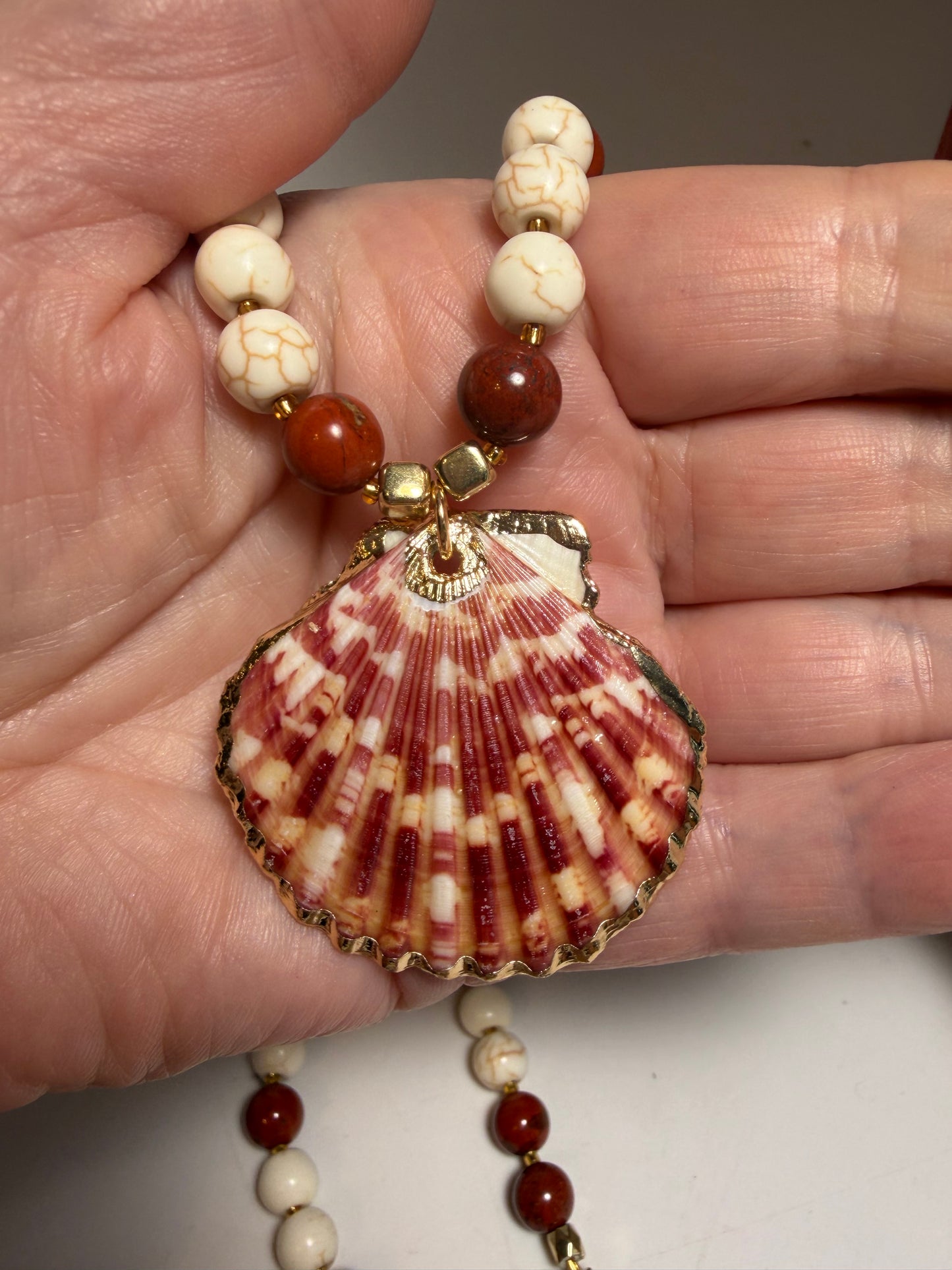 Red Jasper & White Howlite Beaded Necklace with Wire-Wrapped Scallop Shell Charm