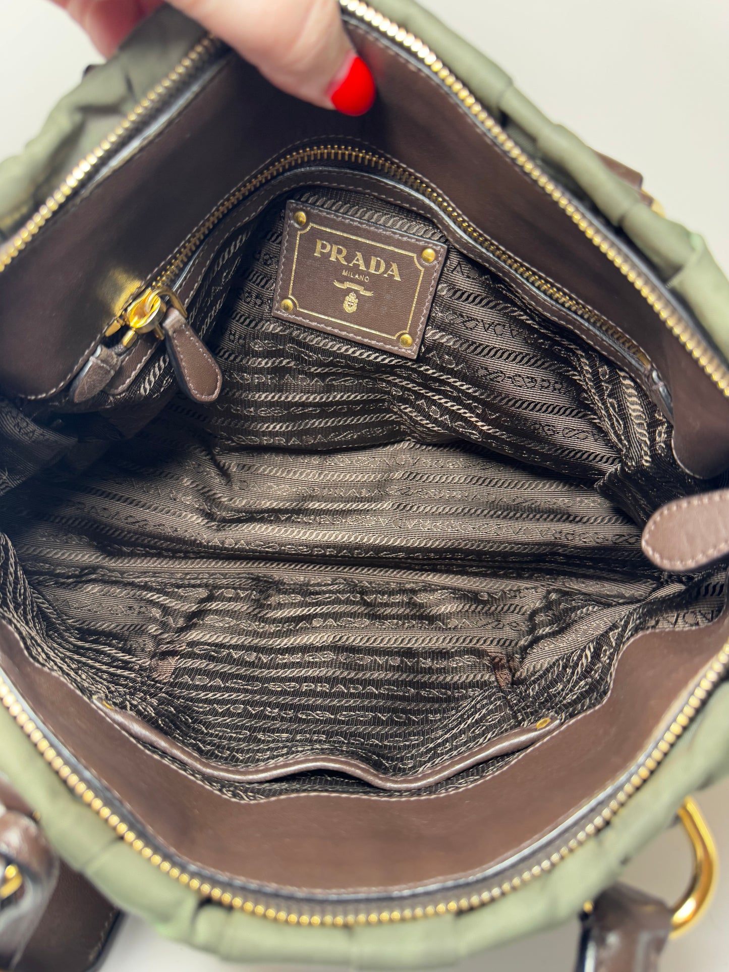 Prada Tessuto Gaufre Olive Green & Brown Leather Satchel/Crossbody