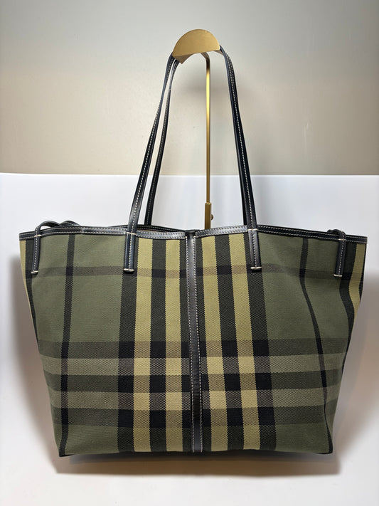 Burberry Check Canvas Tote Green & Khaki and Wristlet