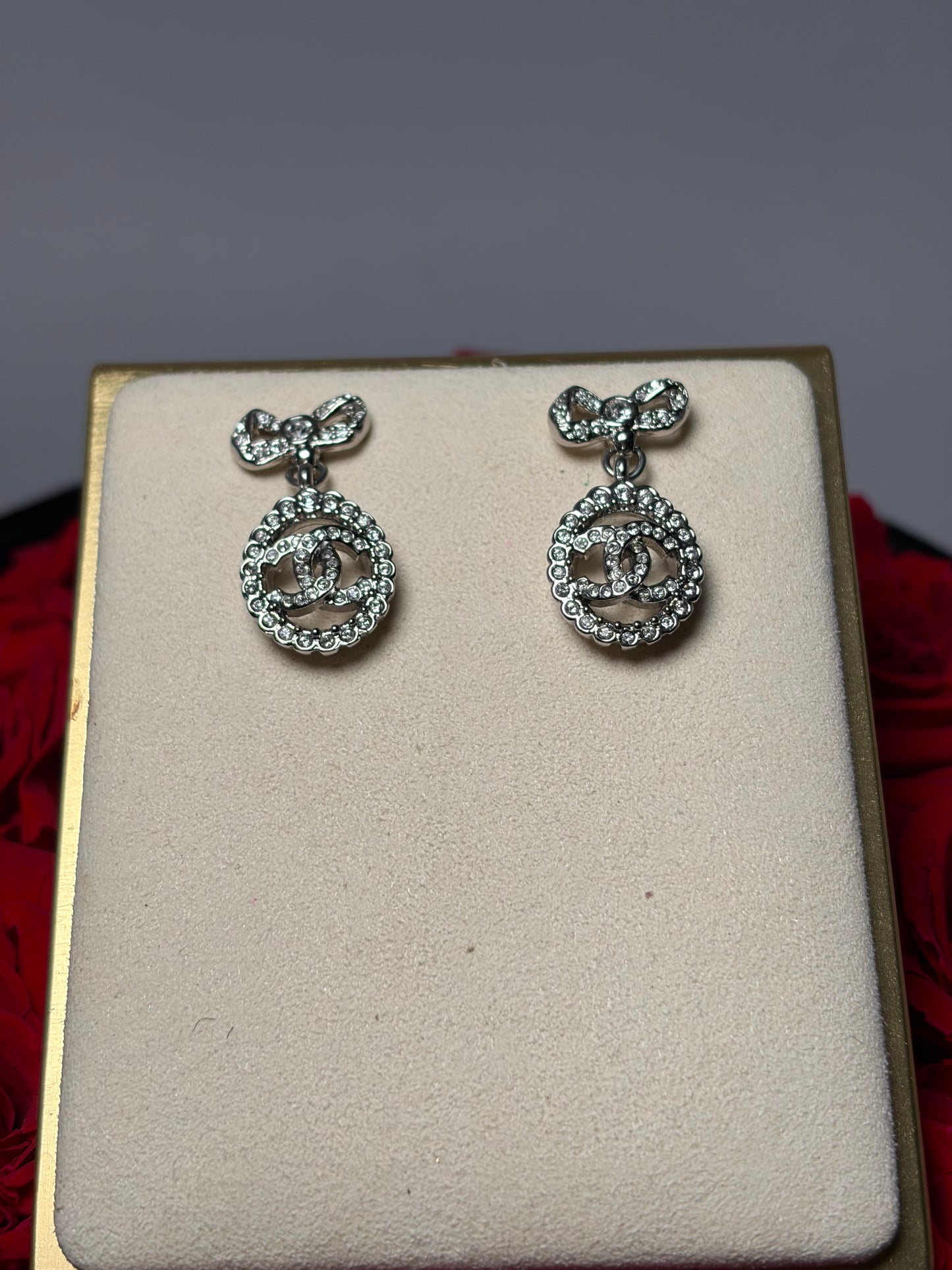 Chanel Coco Mark Ribbon Motif Crystal Post Earrings