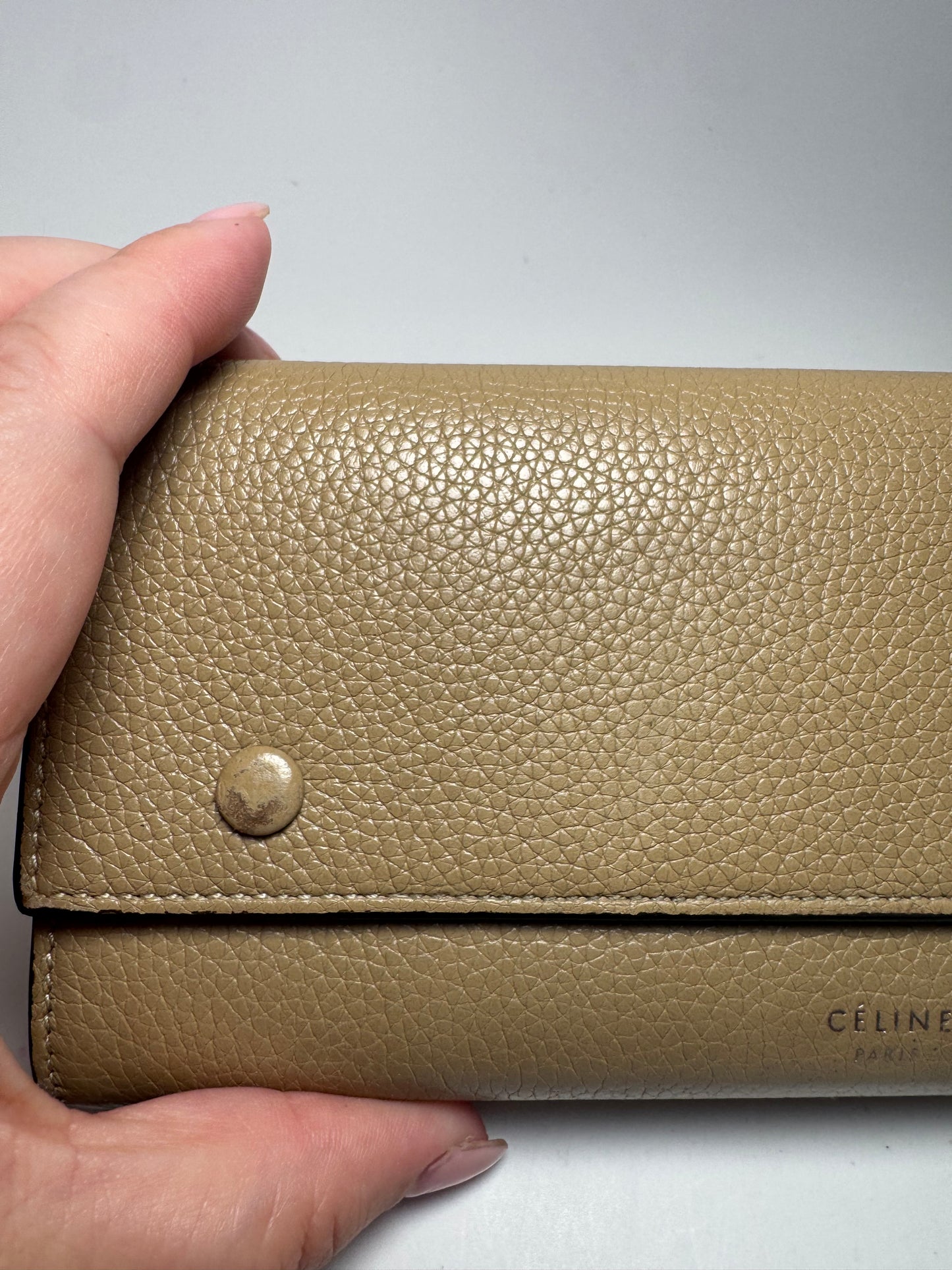 Celine Large Flap Multifunction Wallet Taupe Pebbled Leather Made in Italy