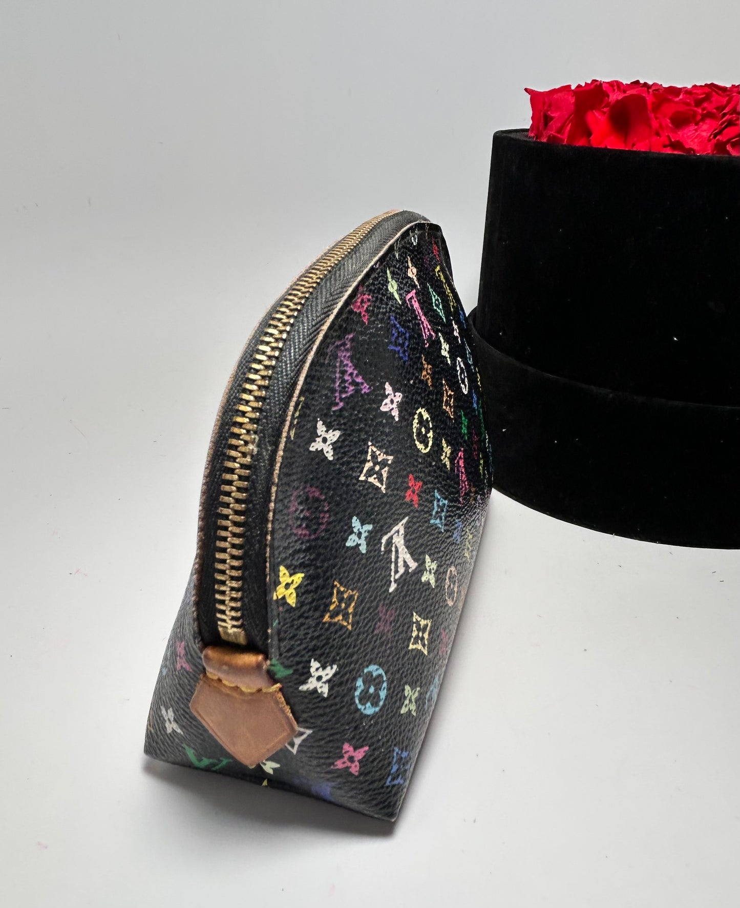 Louis Vuitton Takashi Murakami Black Multicolore Monogram Cosmetic Pouch w/Hot Pink Interior