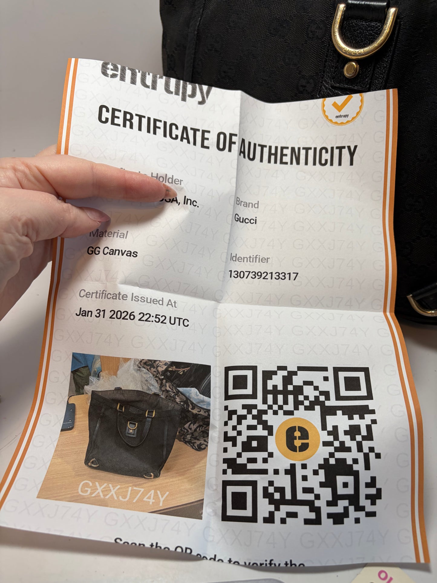 Gucci Abbey Tote Black GG Monogram Canvas & Leather comes with certificate of authenticity from Entrupy