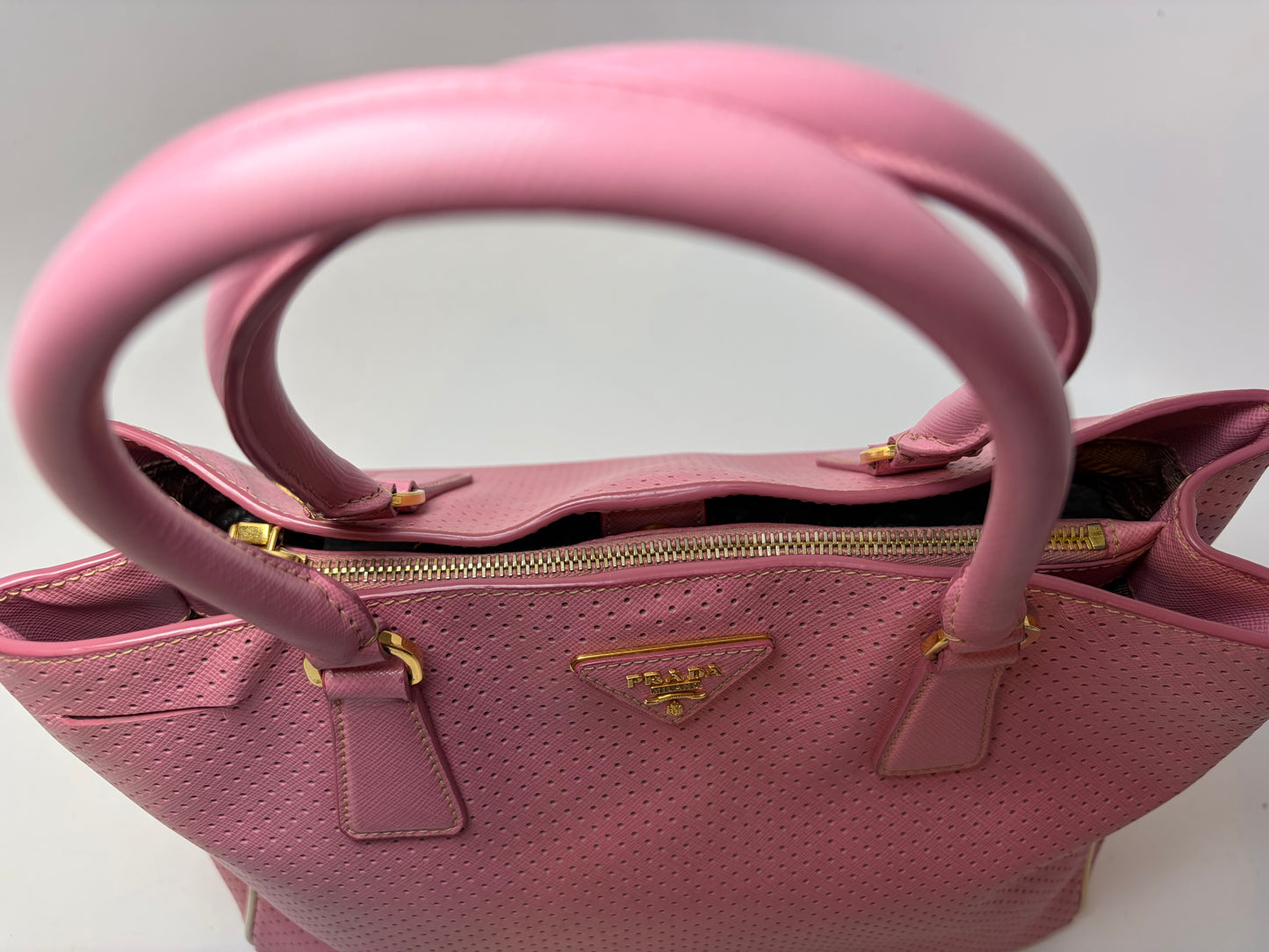 Prada Galleria Pink Perforated Leather Bag with Leather w/ Strap