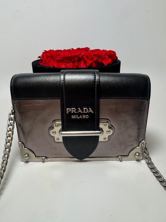 Prada Metallic Vitello Saffiano Cahier Bag Ferro Black Crossbody