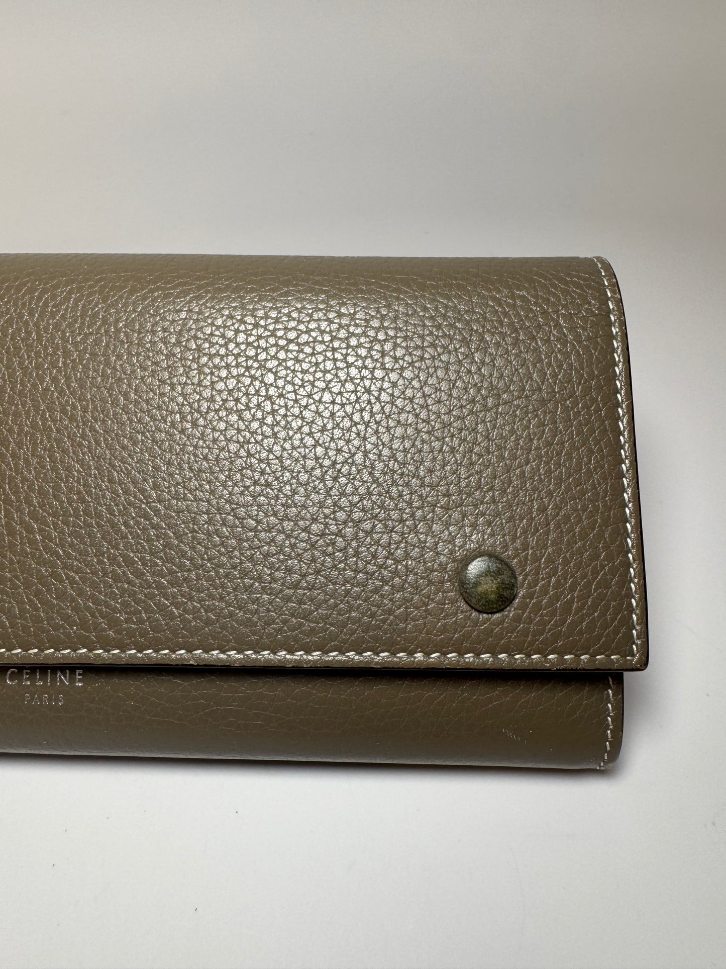 Celine Large Flap Multifunction Wallet Grey Grained Leather Luxury Made In Italy