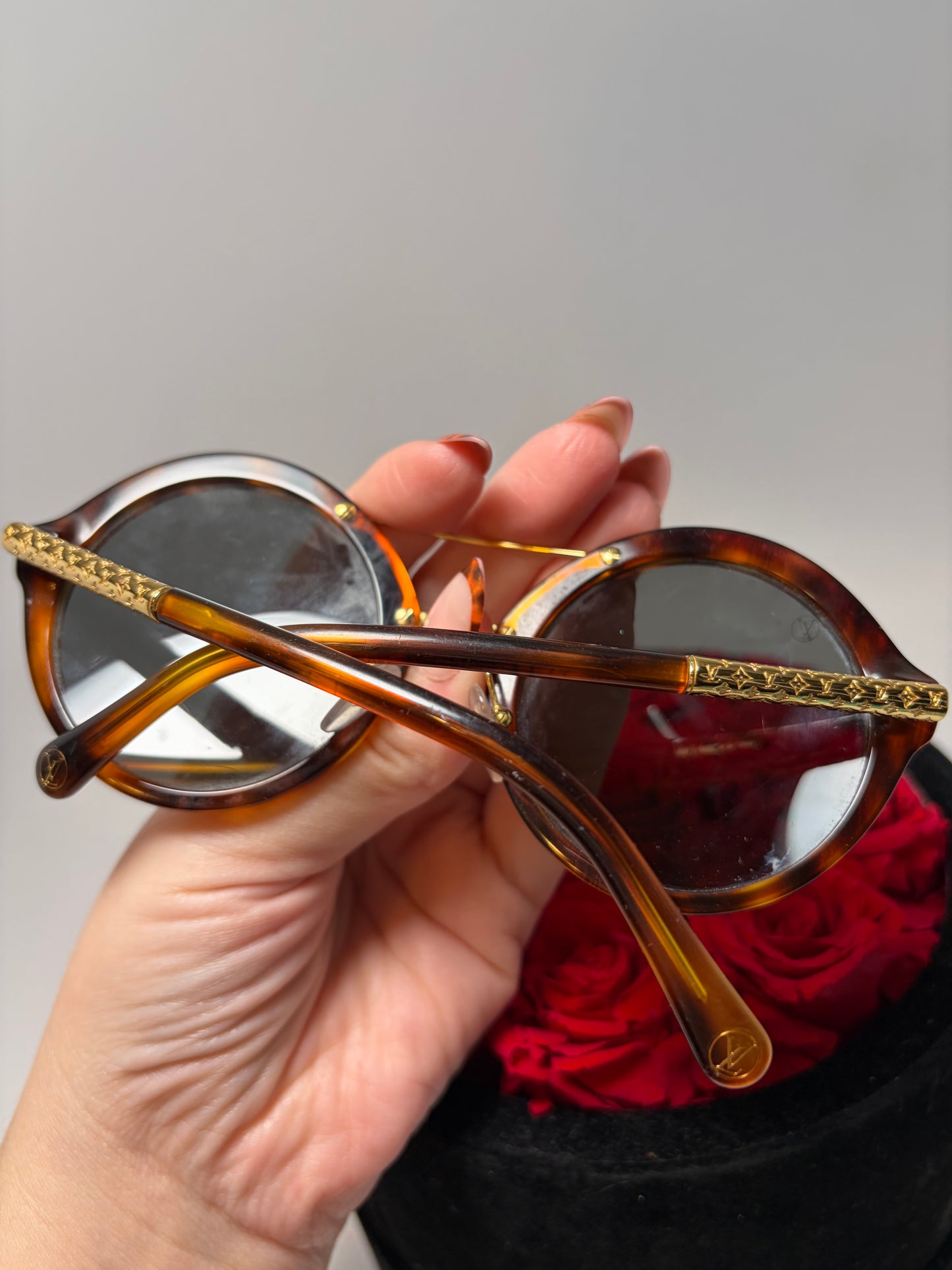 Louis Vuitton Brown Tortoise Round Sunglasses with Gold Monogram Details