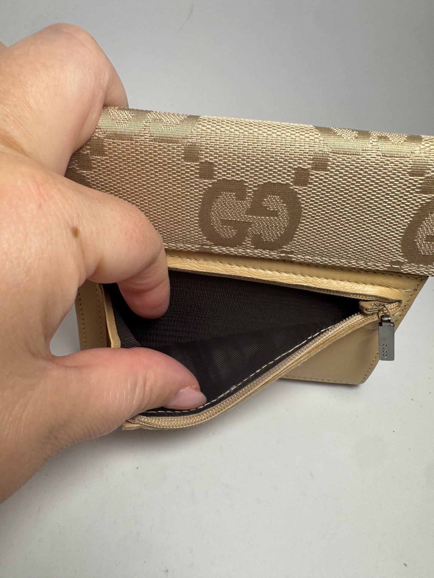 Gucci Beige Macro GG Canvas & Leather Trifold Wallet