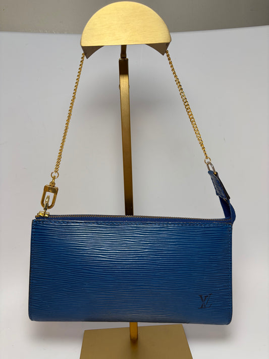 Louis Vuitton Pouch Pochette Accessories in Blue Epi Leather with LV Gold Chain