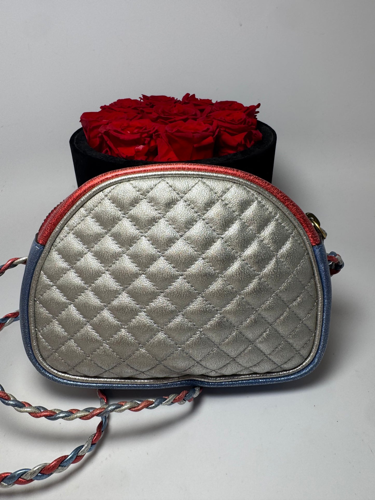 Gucci Nappa Trapuntata Laminated Mini Zumi Dome Crossbody Red, Silver & Blue w/two tone GGs on front