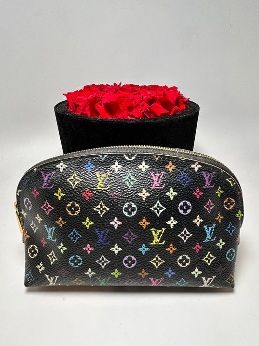 Louis Vuitton Takashi Murakami Black Multicolore Monogram Cosmetic Pouch w/Hot Pink Interior