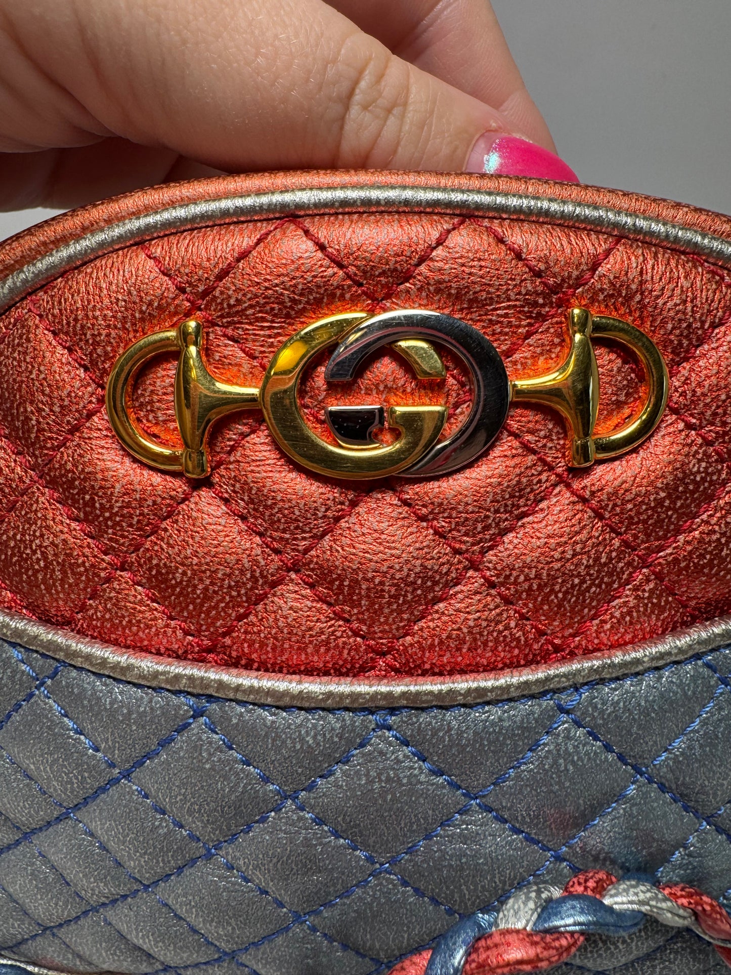 Gucci Nappa Trapuntata Laminated Mini Zumi Dome Crossbody Red, Silver & Blue w/two tone GGs on front