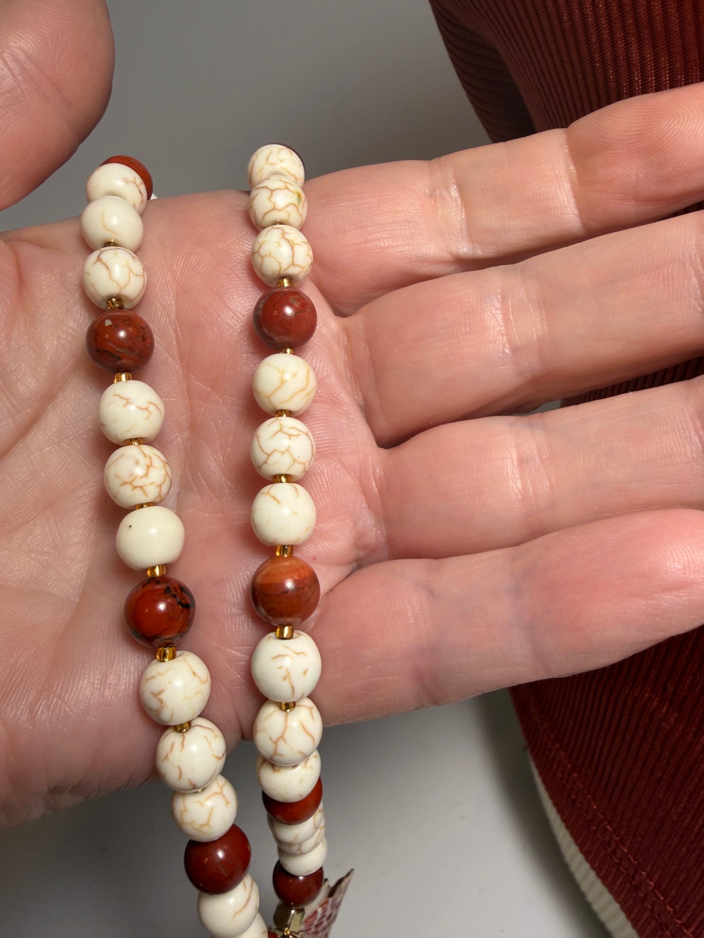 Red Jasper & White Howlite Beaded Necklace with Wire-Wrapped Scallop Shell Charm
