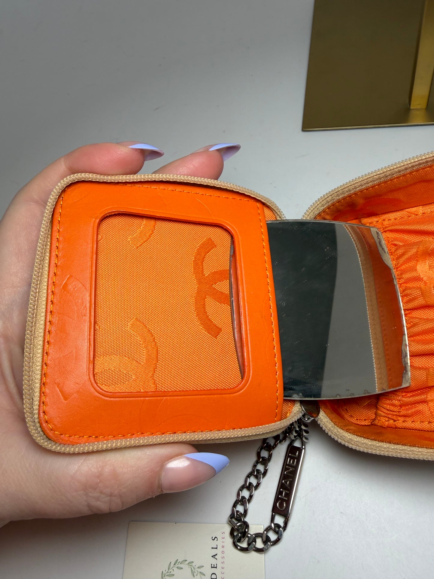 Chanel Beige Cambon Quilted Coin Purse/Mini Cosmetic Case with mirror & COA