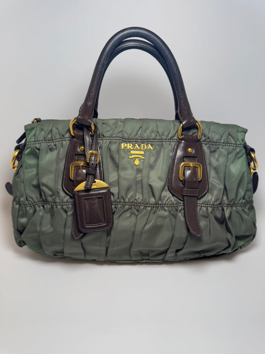 Prada Tessuto Gaufre Olive Green & Brown Leather Satchel/Crossbody