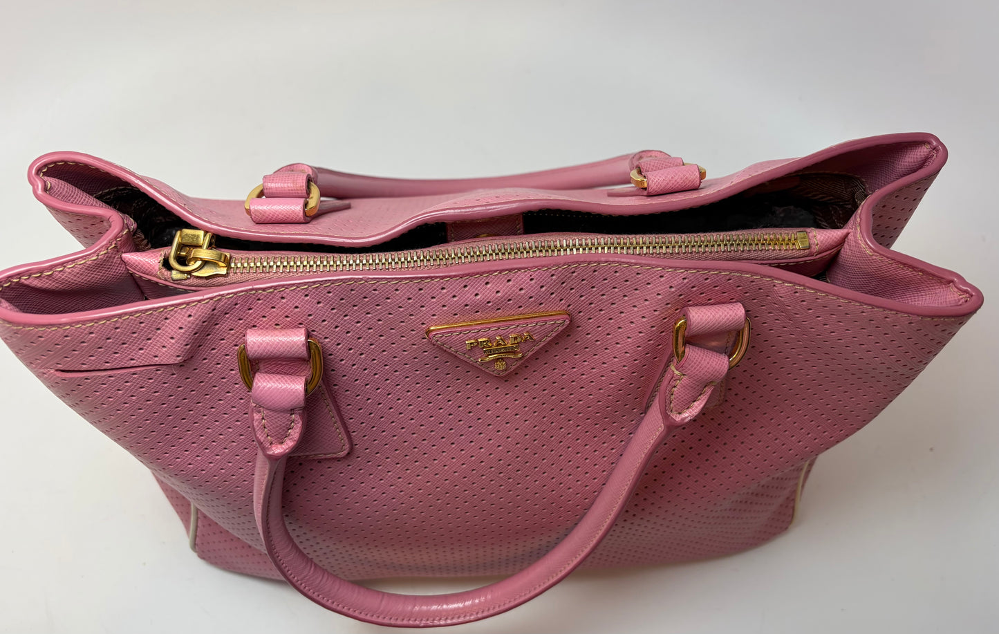Prada Galleria Pink Perforated Leather Bag with Leather w/ Strap