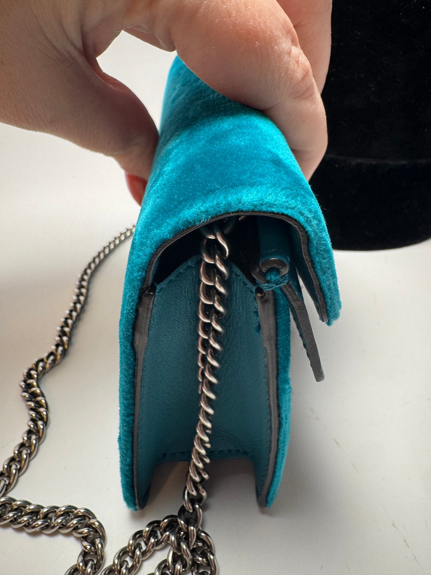 Gucci Velvet Super Mini Dionysus Shoulder Bag Pavone Cyan