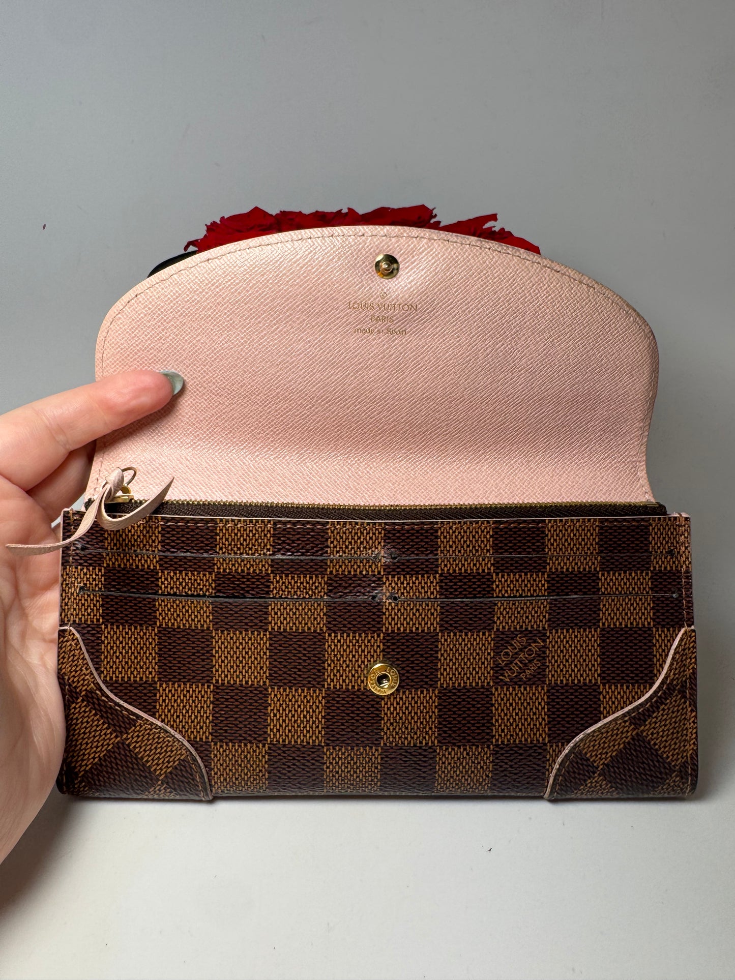 Louis Vuitton Damier Ebene Caissa Wallet w/Ballerine Pink Interior