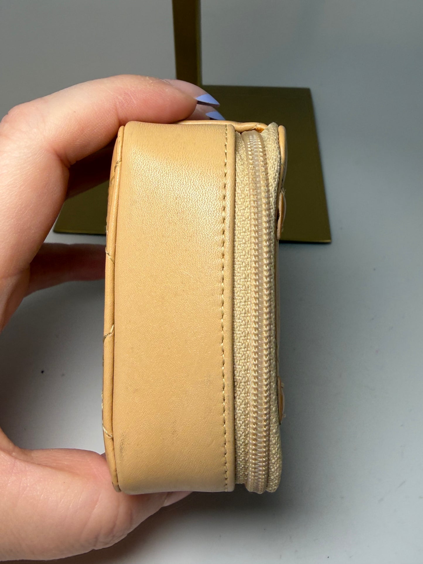 Chanel Beige Cambon Quilted Coin Purse/Mini Cosmetic Case with mirror & COA