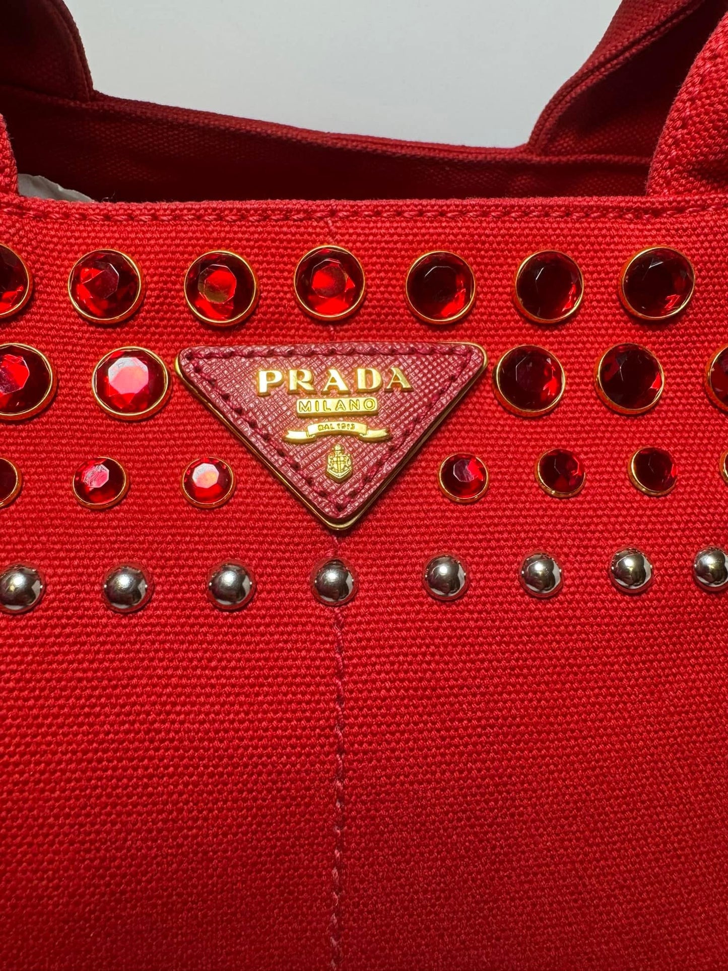 Prada Crystals Canapa Tote Large Red Rosso w/Crossbody Strap