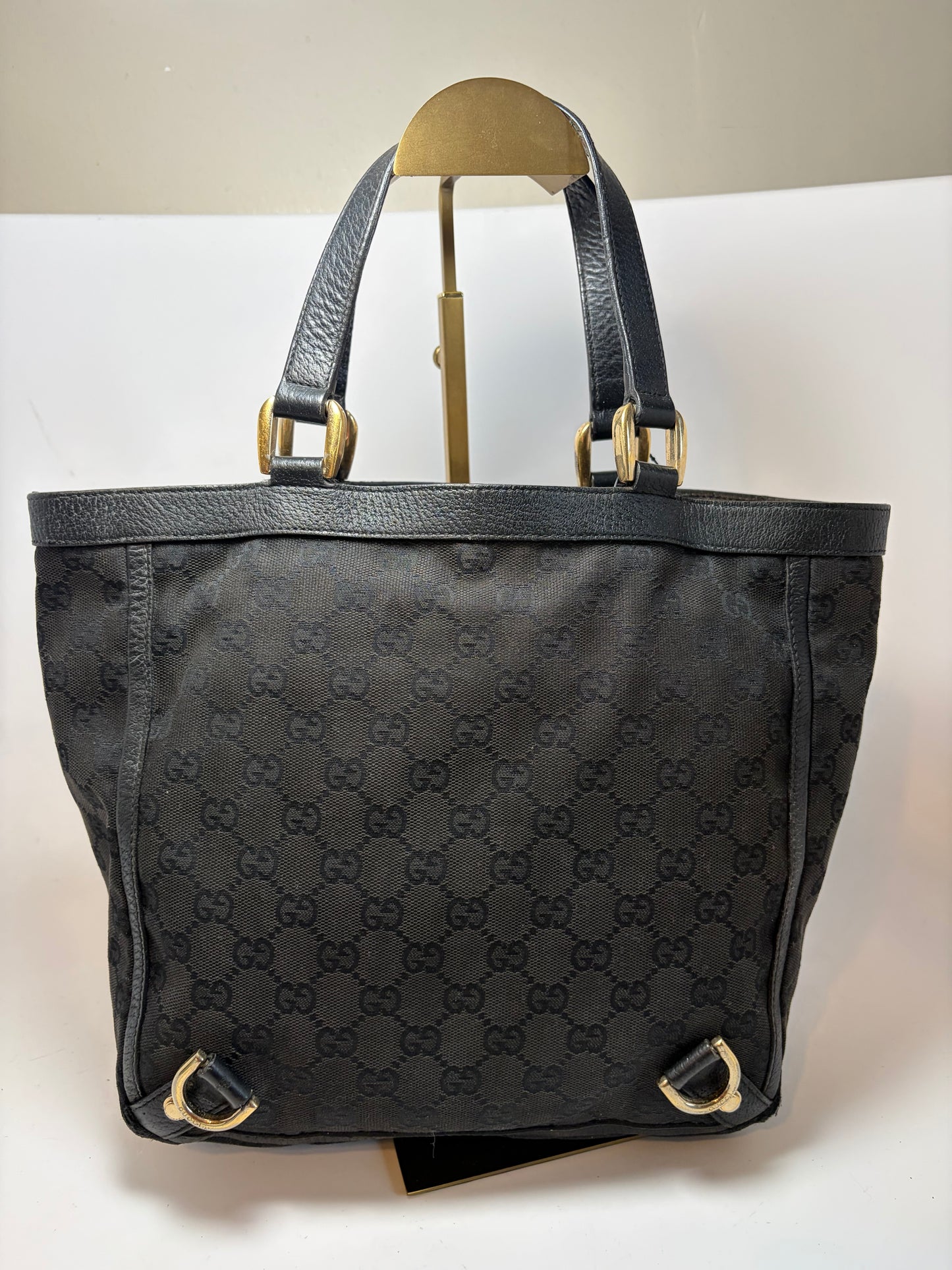 Gucci Abbey Tote Black GG Monogram Canvas & Leather comes with certificate of authenticity from Entrupy