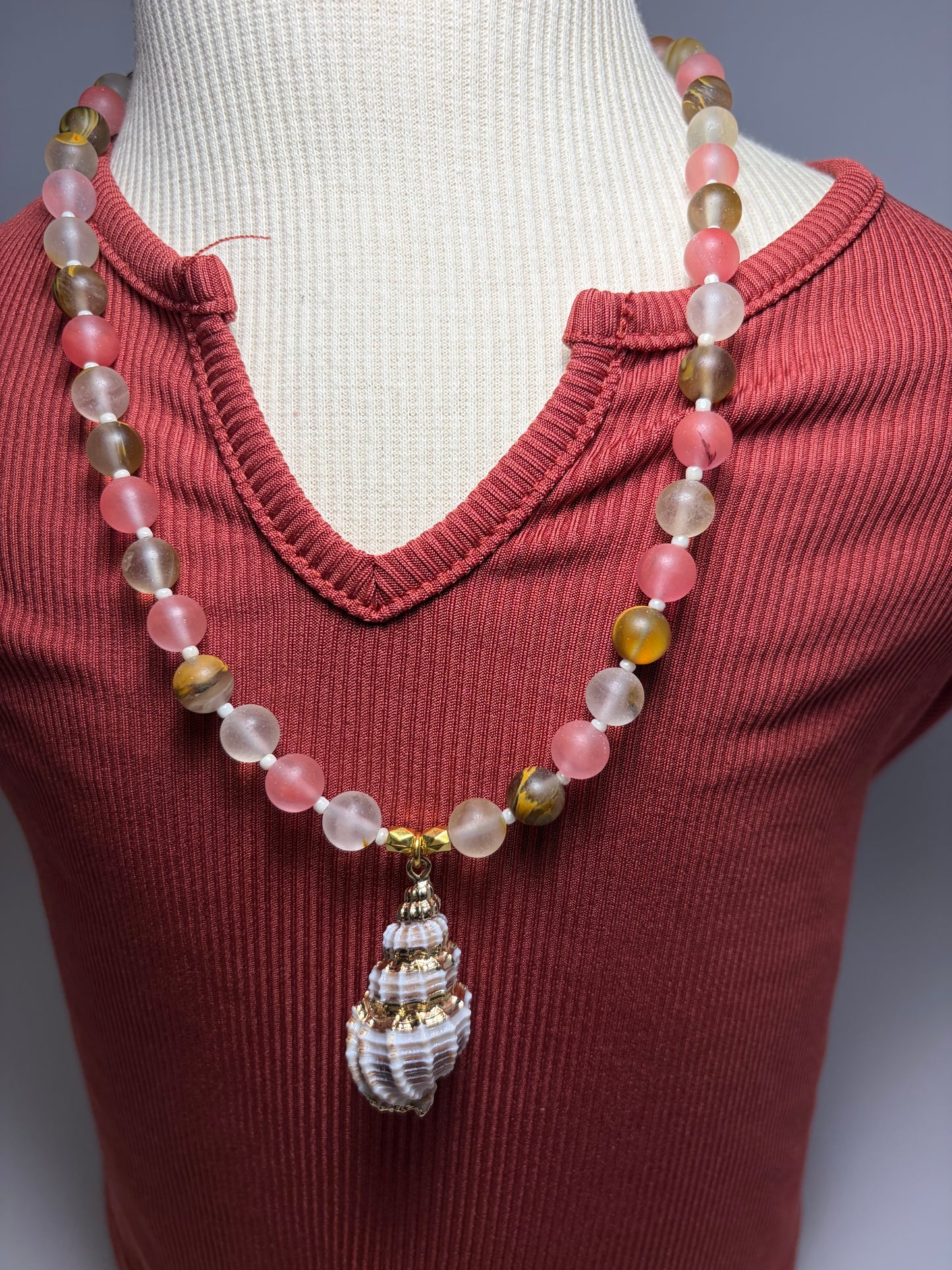 Pink & Tiger Eye Beaded Necklace with Gold Tone Seashell Pendant | Coastal Boho Handmade by Liv