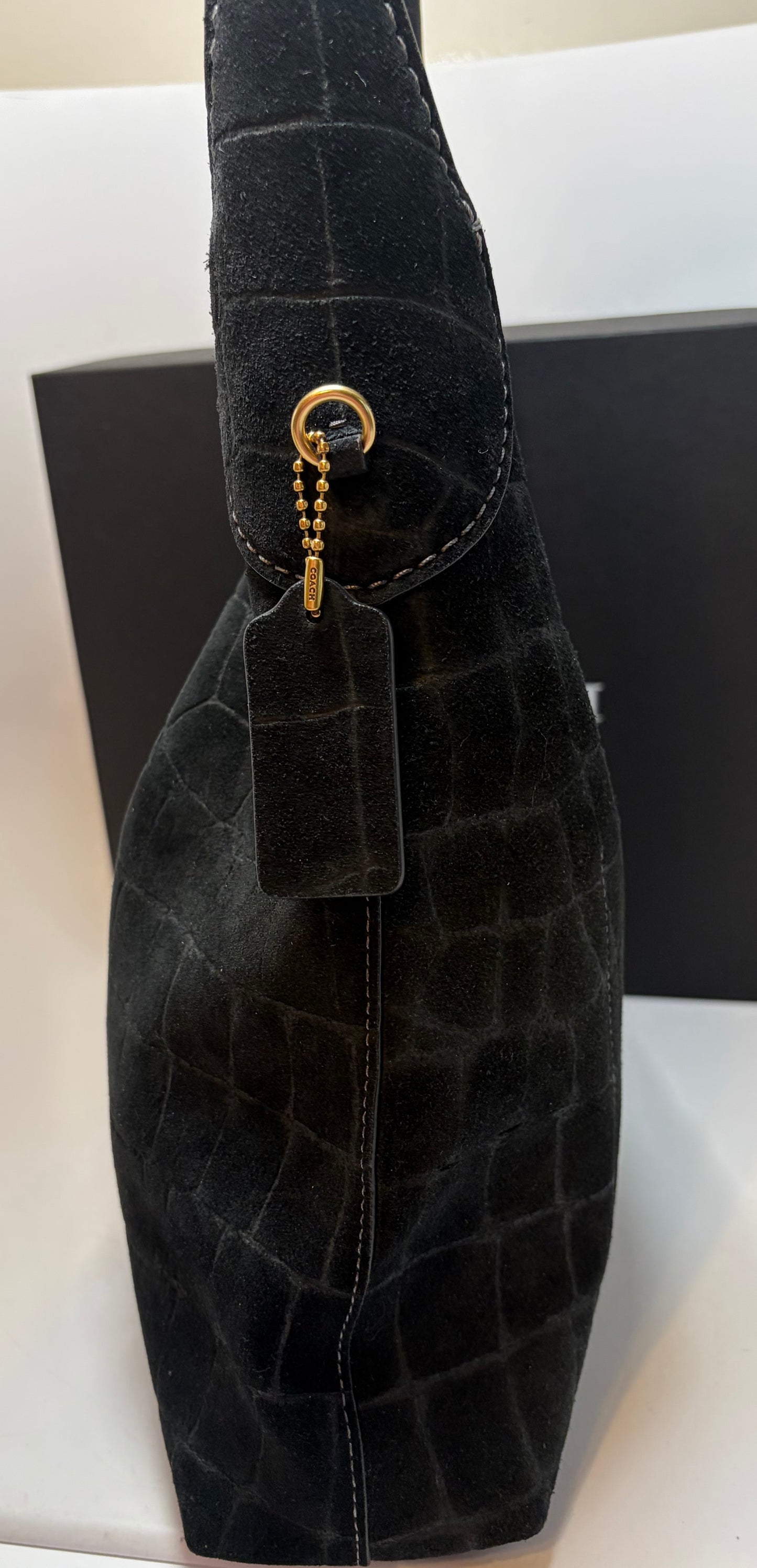 Coach Brooklyn 28 Black Suede Croc Embossed Shoulder Bag