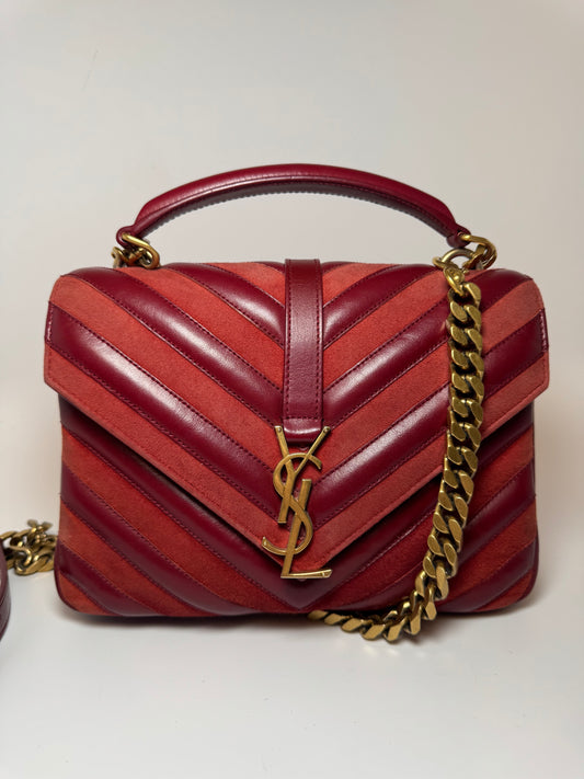 Saint Laurent YSL Red Suede & Leather Matelassé Chevron Medium College Bag Gold