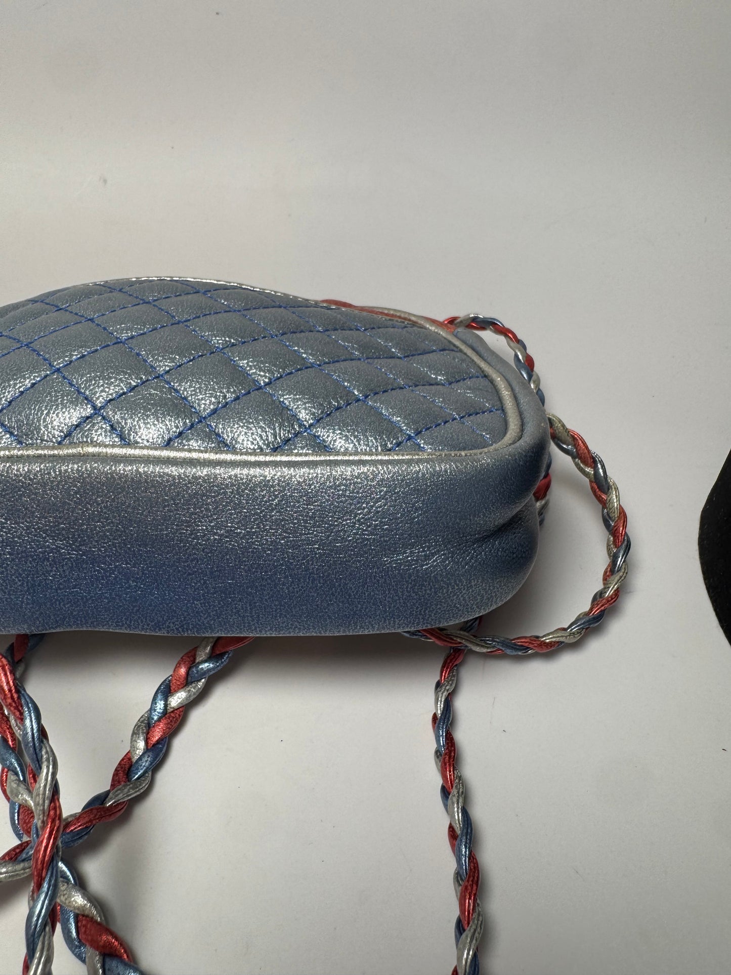 Gucci Nappa Trapuntata Laminated Mini Zumi Dome Crossbody Red, Silver & Blue w/two tone GGs on front