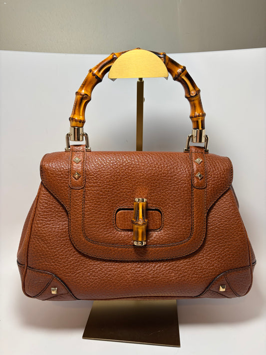 Gucci Nailhead Bamboo Handle Brown Leather