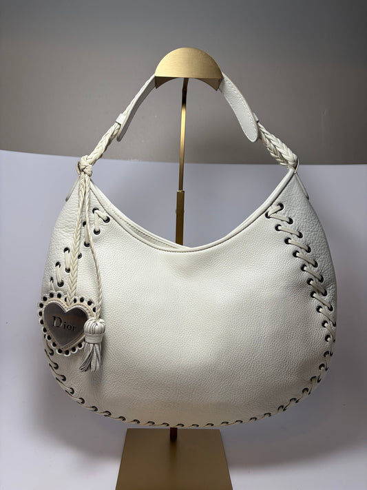 Christian Dior Y2K Cream Leather Hobo Bag with Charm & COA