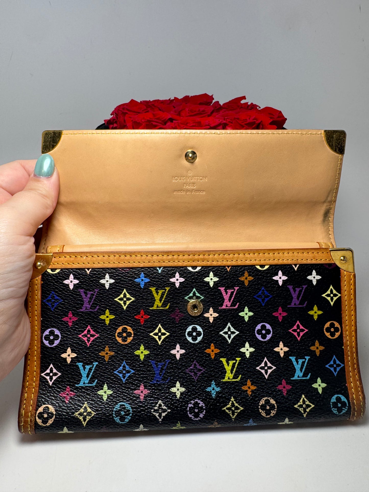 Louis Vuitton Multicolor Monogram Porte Tressor Trifold Wallet Black Wallet with Tan Interior