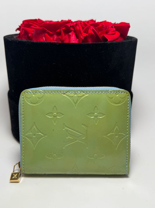 Louis Vuitton Green Vernis Zippy Compact Wallet W/ Blue Leather Interior