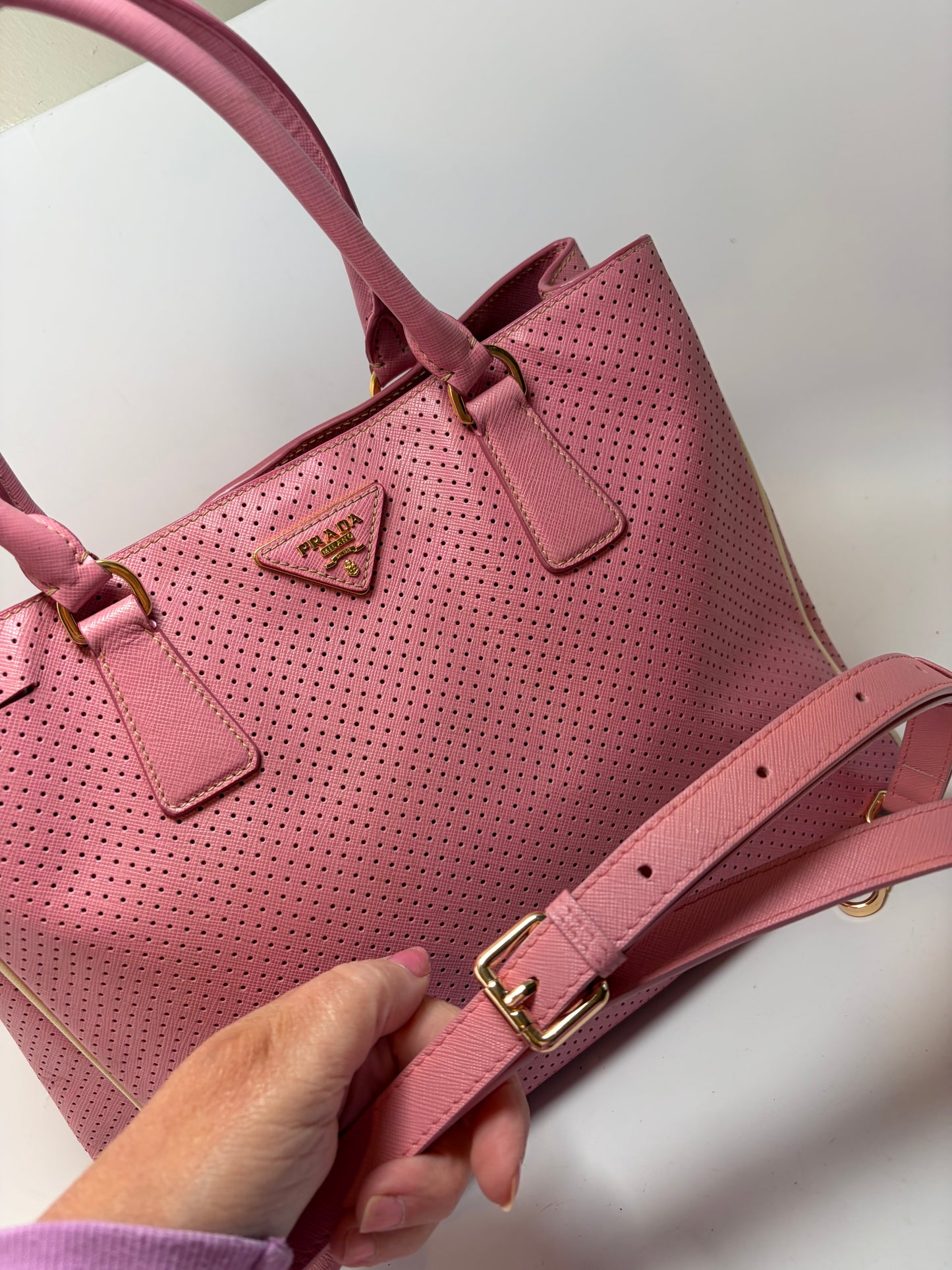 Prada Galleria Pink Perforated Leather Bag with Leather w/ Strap