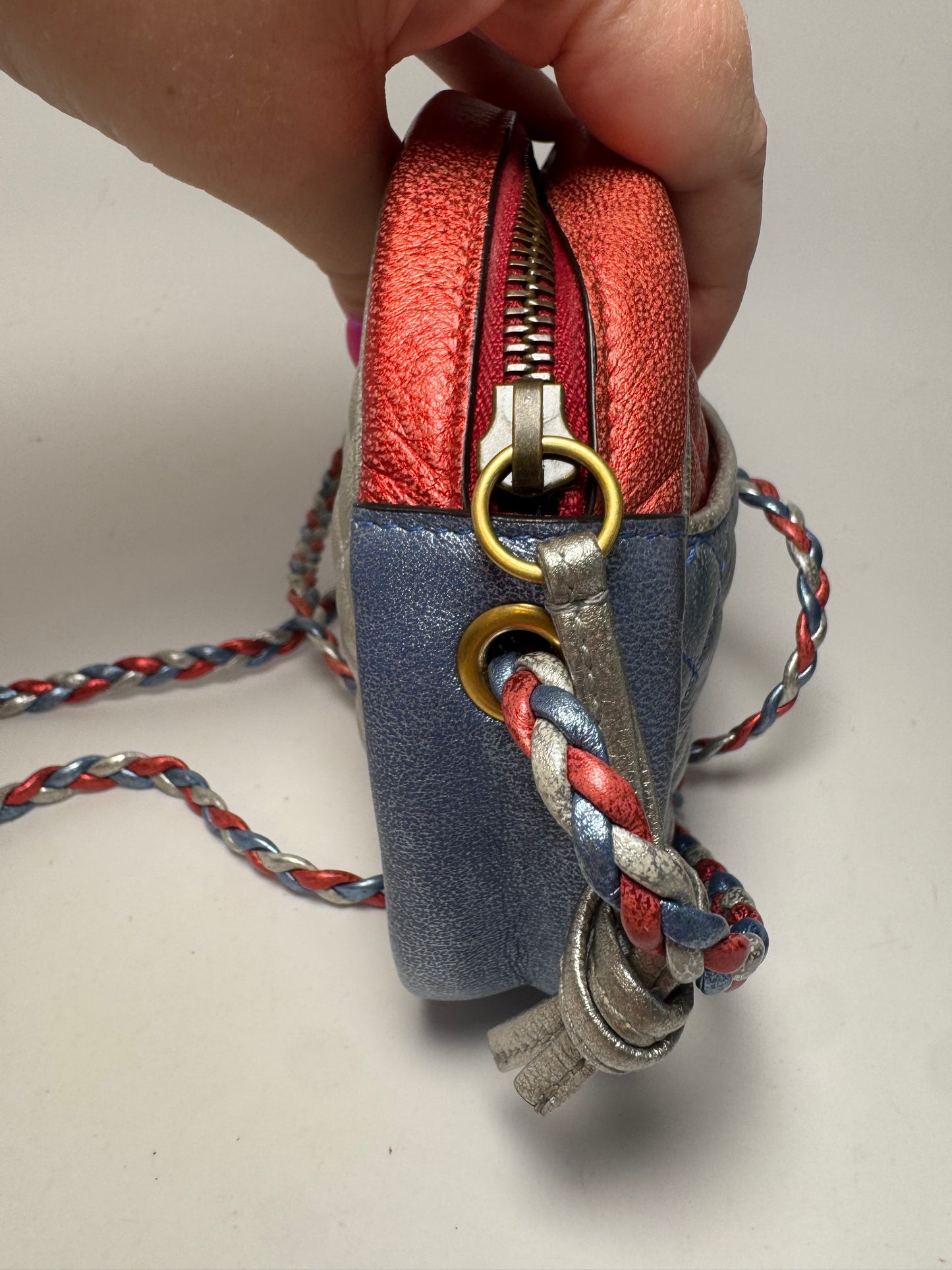 Gucci Nappa Trapuntata Laminated Mini Zumi Dome Crossbody Red, Silver & Blue w/two tone GGs on front