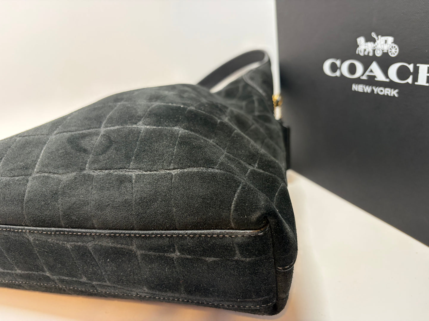 Coach Brooklyn 28 Black Suede Croc Embossed Shoulder Bag