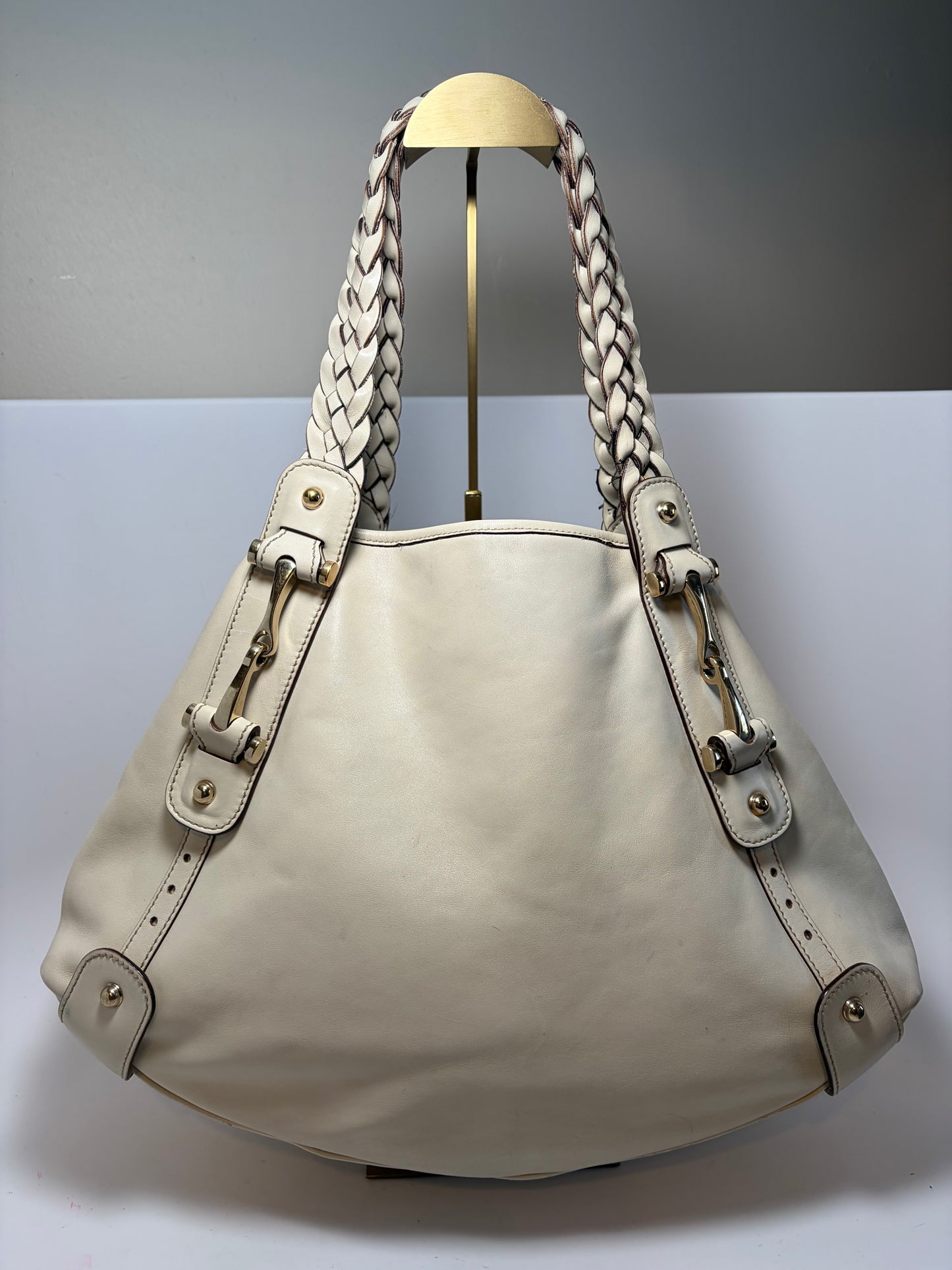 Gucci Pelham Shoulder Bag Ivory Leather w/Braided Handle