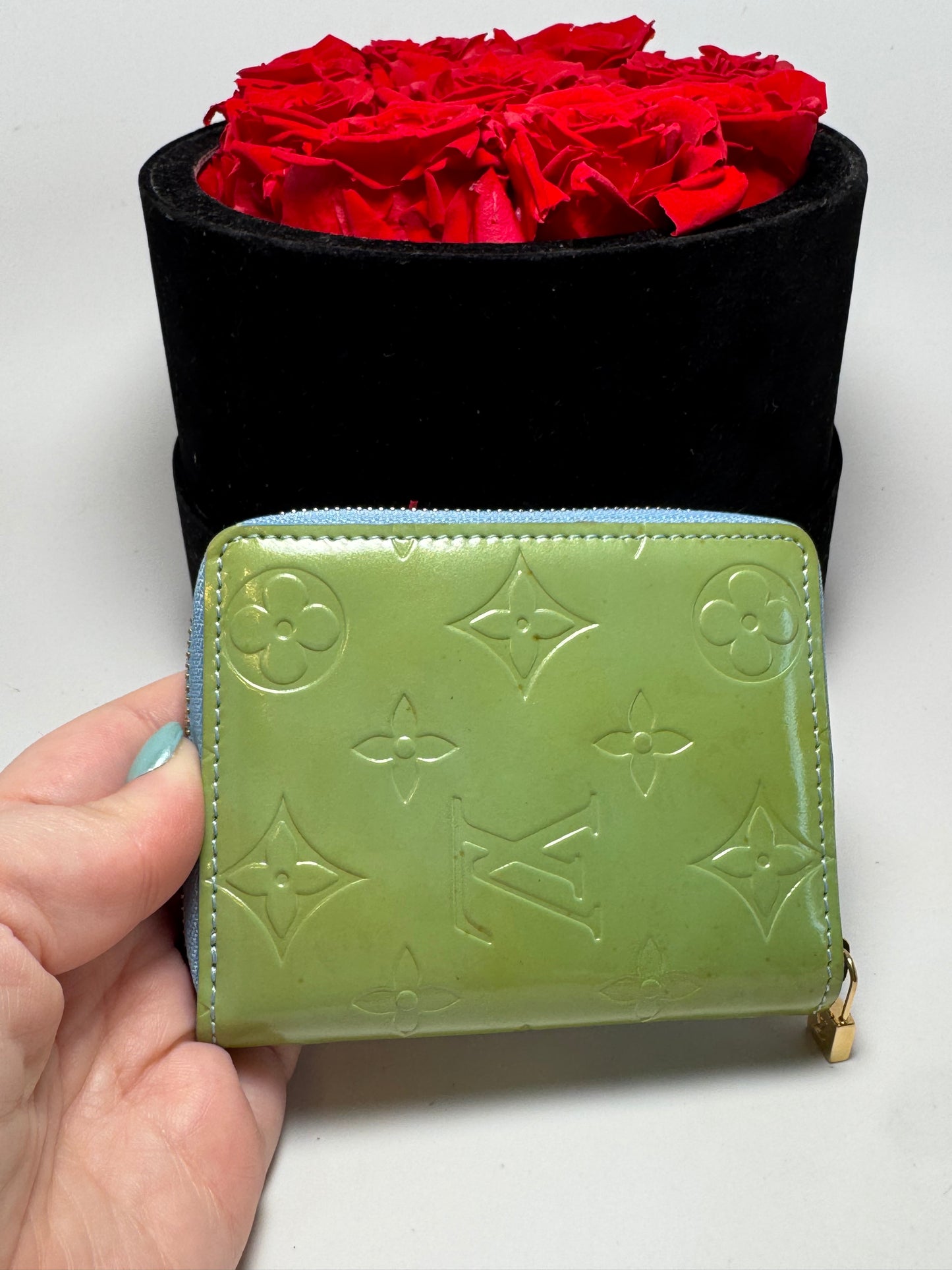 Louis Vuitton Green Vernis Zippy Compact Wallet W/ Blue Leather Interior