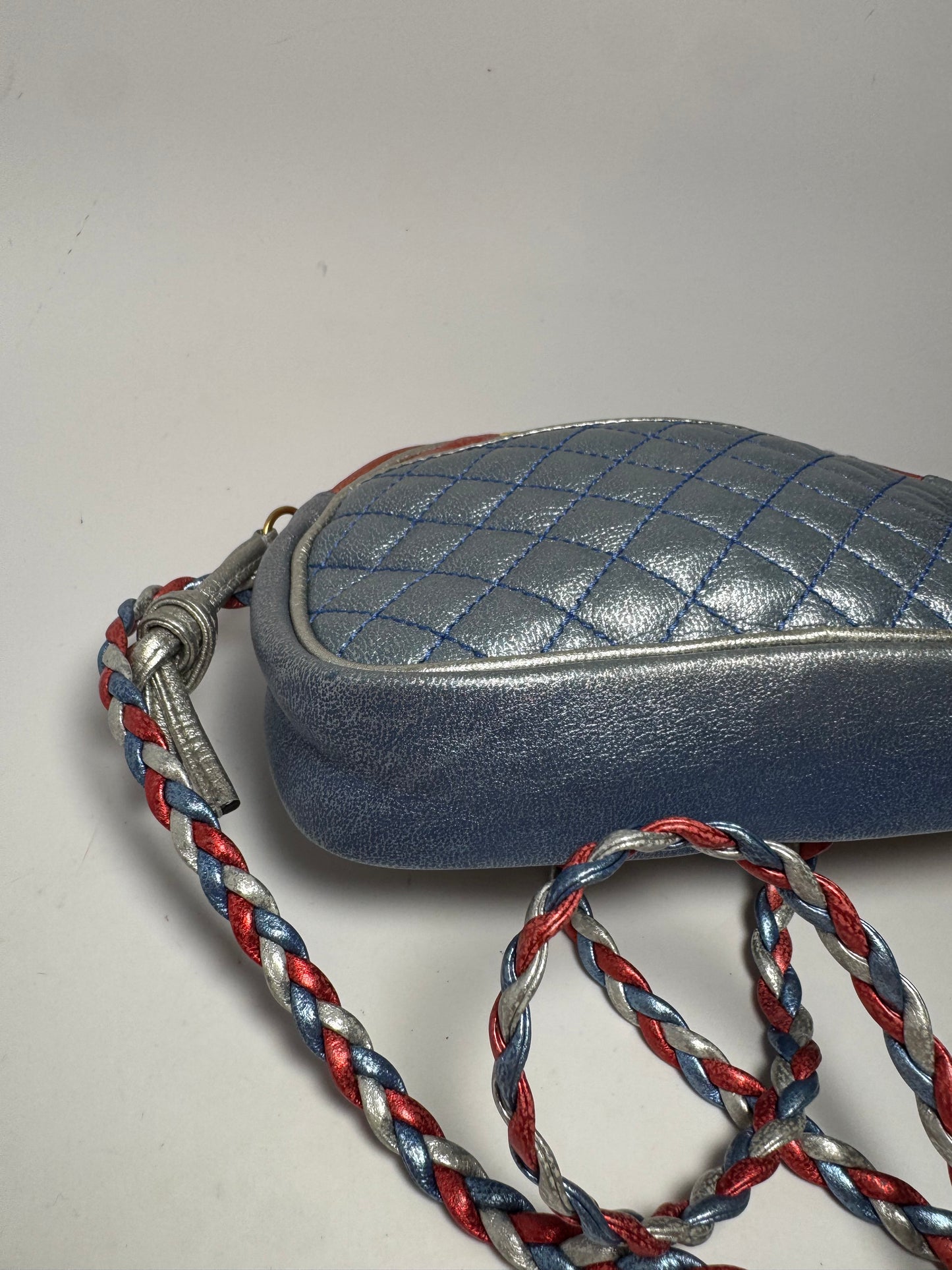 Gucci Nappa Trapuntata Laminated Mini Zumi Dome Crossbody Red, Silver & Blue w/two tone GGs on front