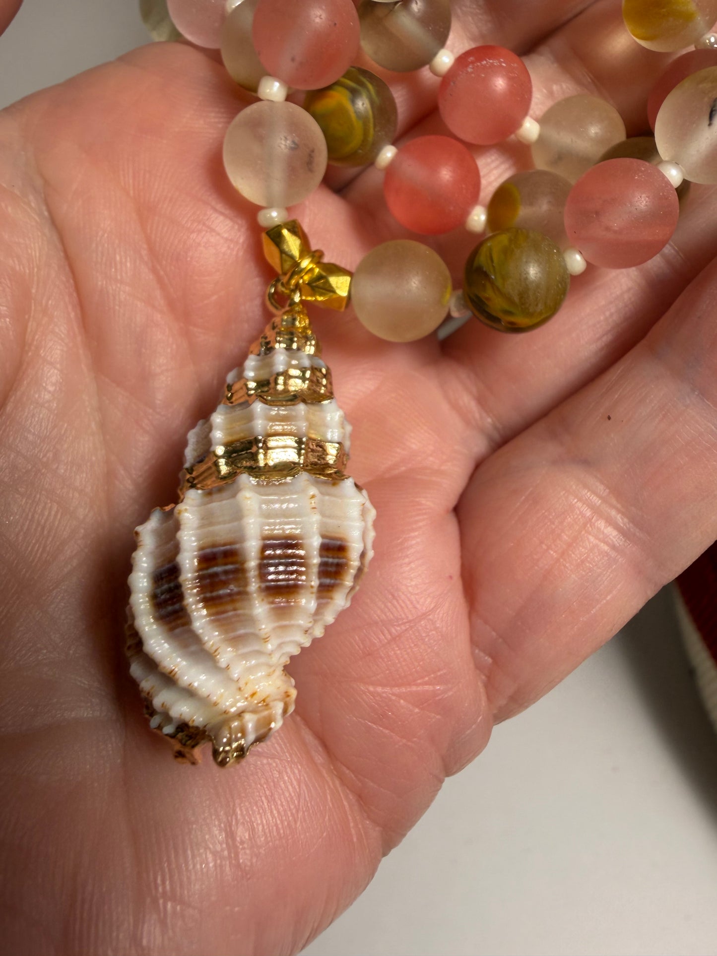 Pink & Tiger Eye Beaded Necklace with Gold Tone Seashell Pendant | Coastal Boho Handmade by Liv