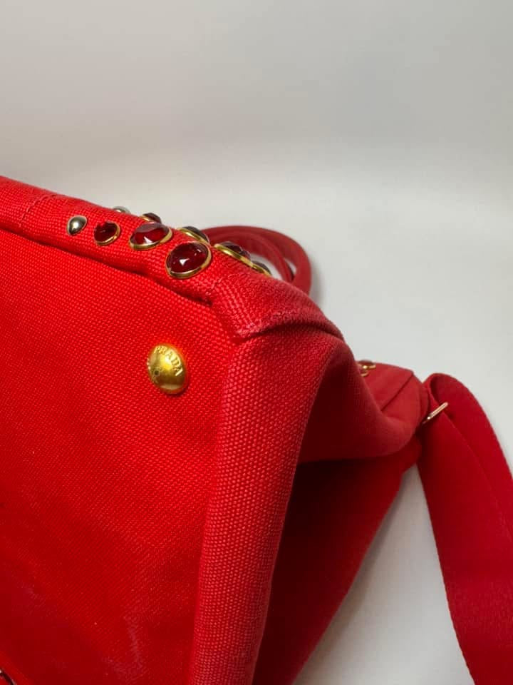 Prada Crystals Canapa Tote Large Red Rosso w/Crossbody Strap