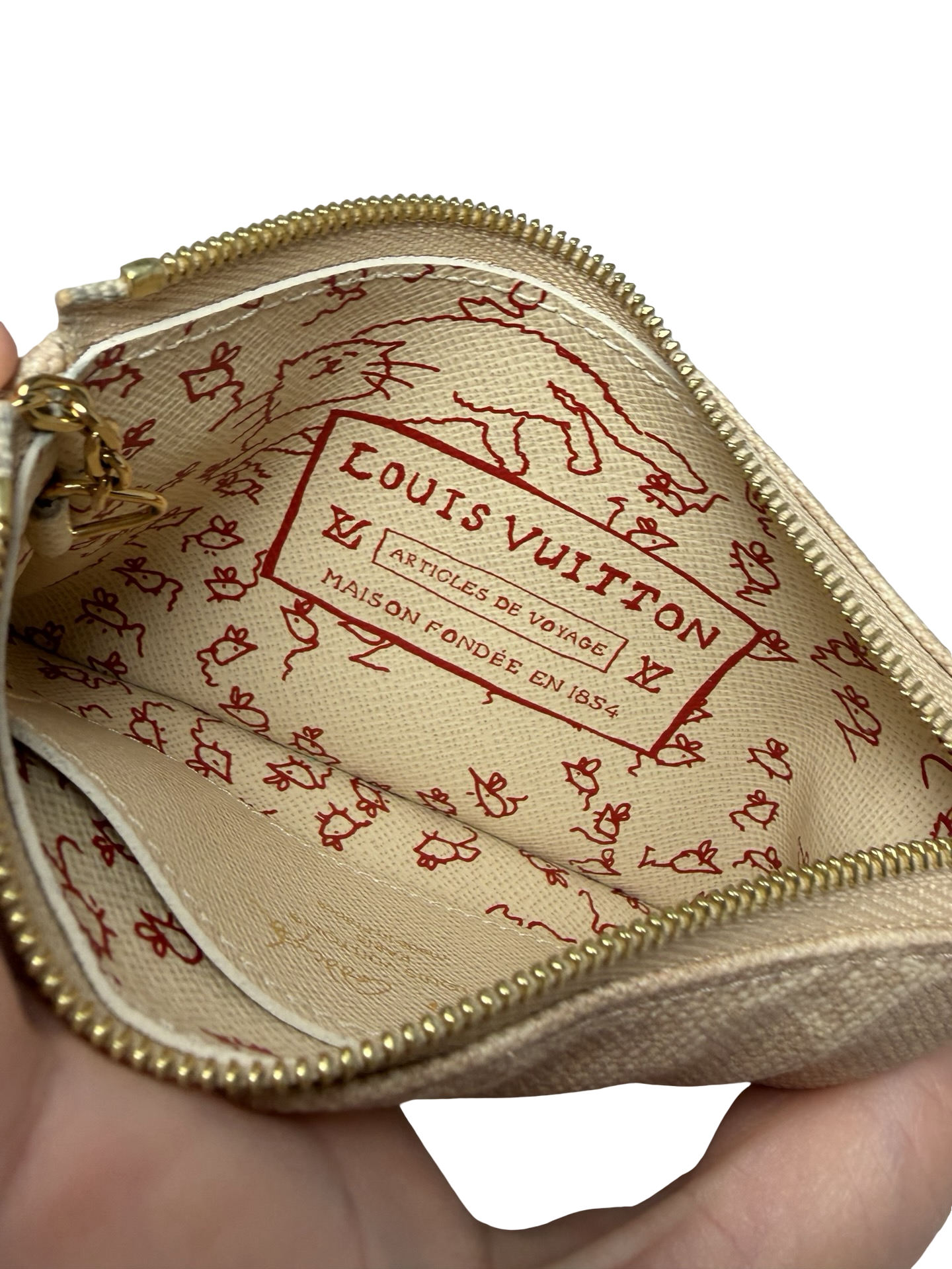 Louis Vuitton x Grace Coddington Meowgram Cat Key Pouch Small Size w/Cat motif zipper & design interior