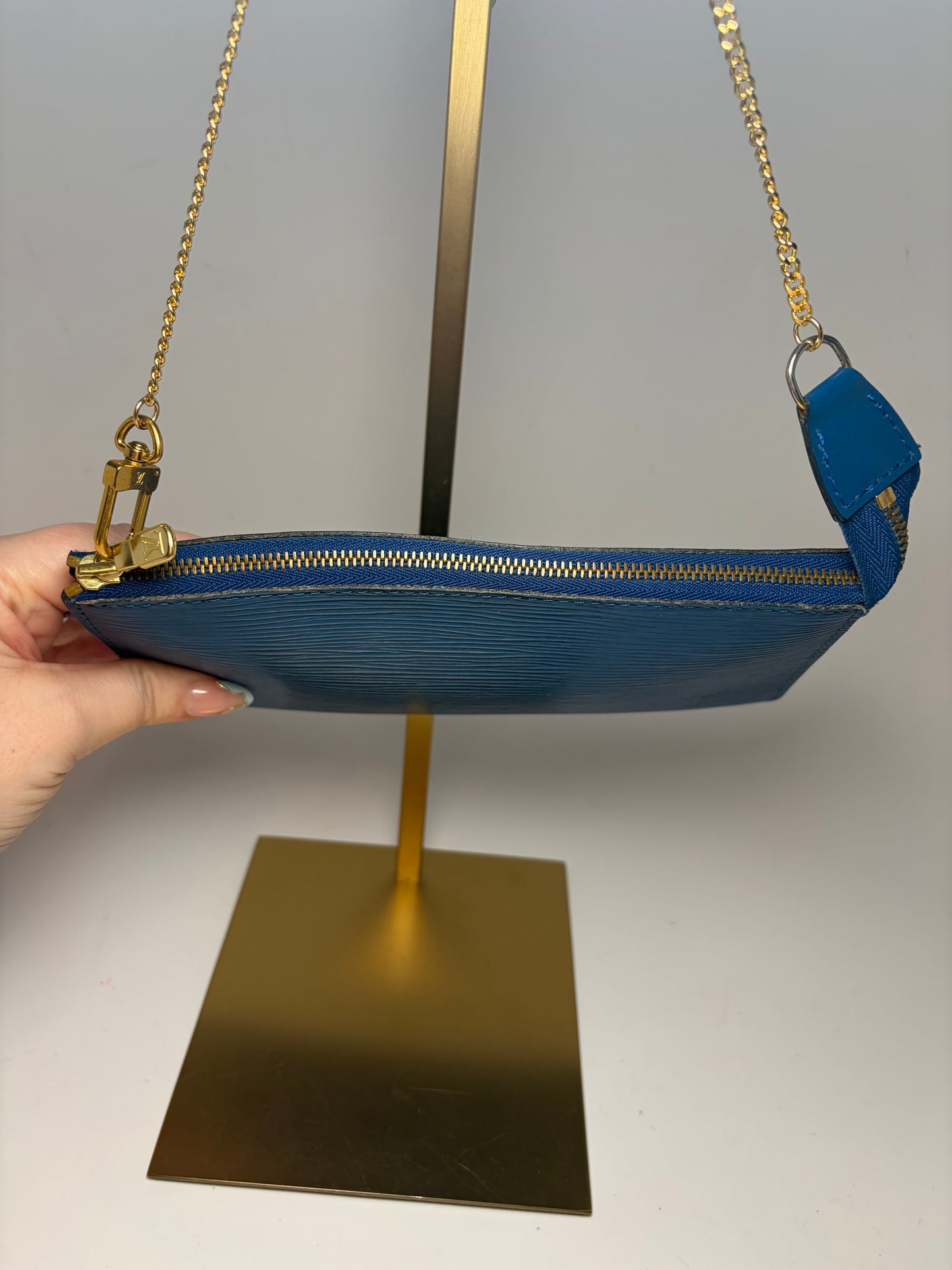 Louis Vuitton Pouch Pochette Accessories in Blue Epi Leather with LV Gold Chain