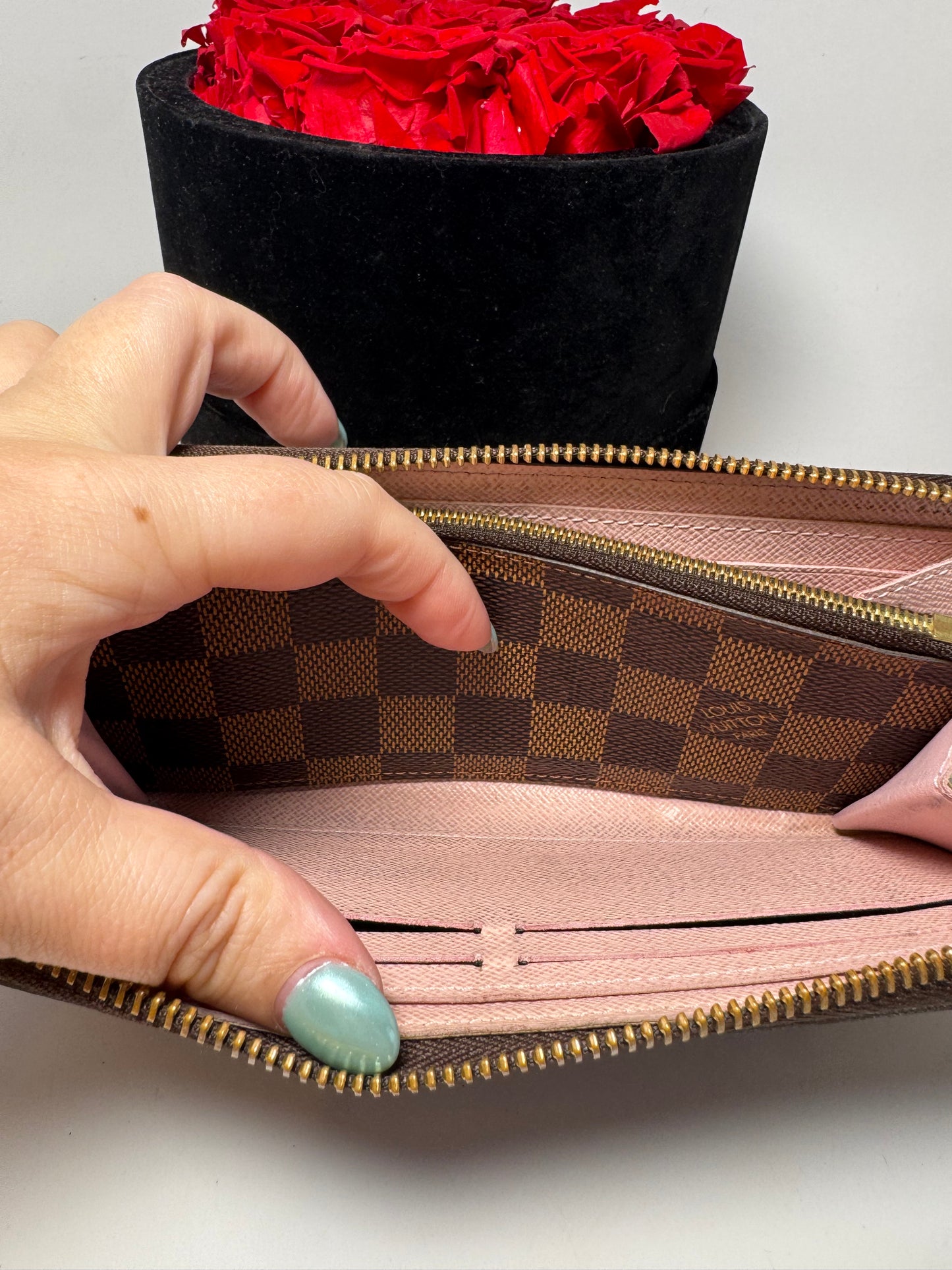 Louis Vuitton Damier Ebene Clémence Wallet w/Ballerine Pink Interior