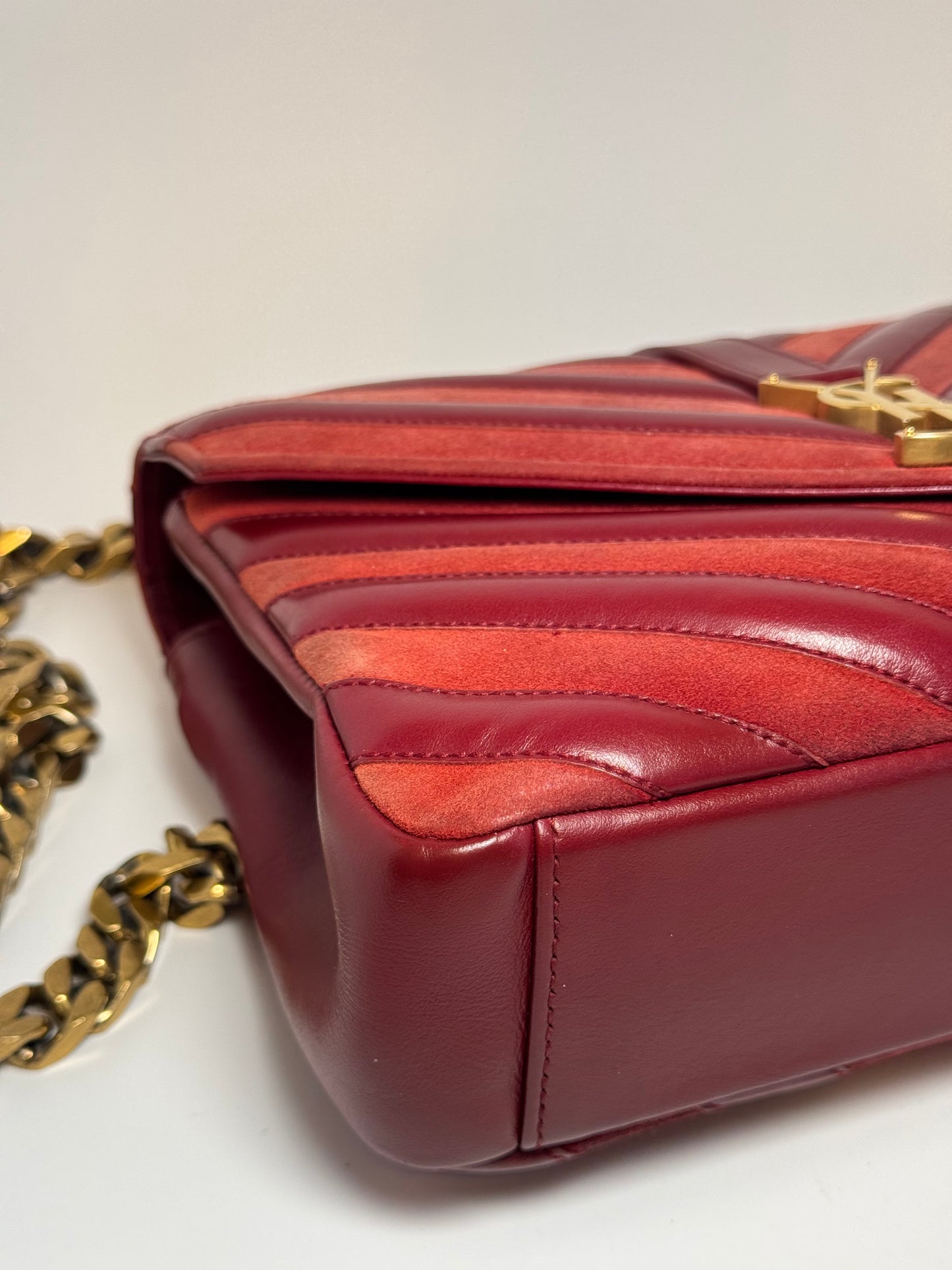 Saint Laurent YSL Red Suede & Leather Matelassé Chevron Medium College Bag Gold