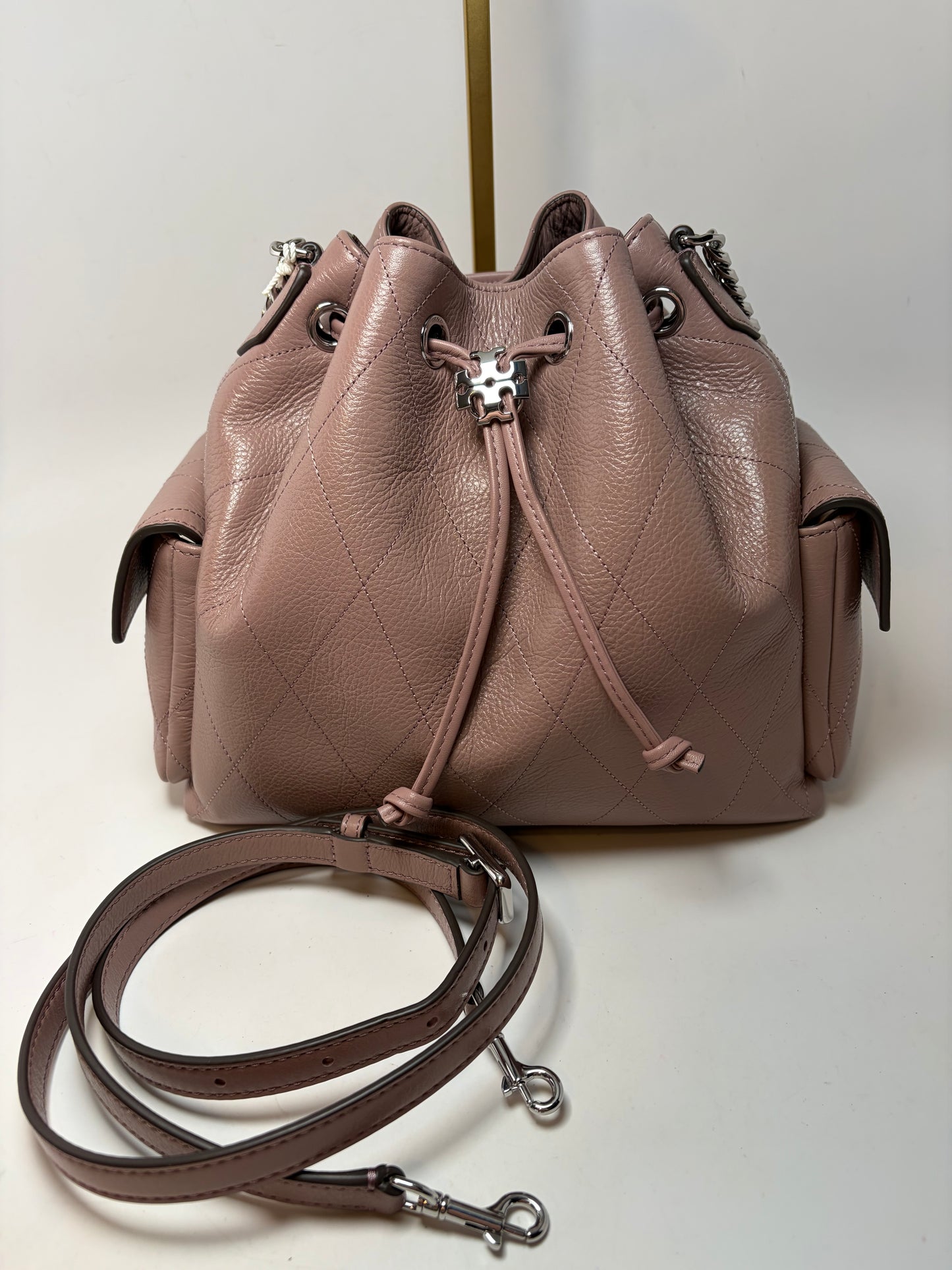 Tory Burch Quilted Small Charlie Drawstring Shoulder Bag/Crossbody in Mauve NWT & Dust Bag