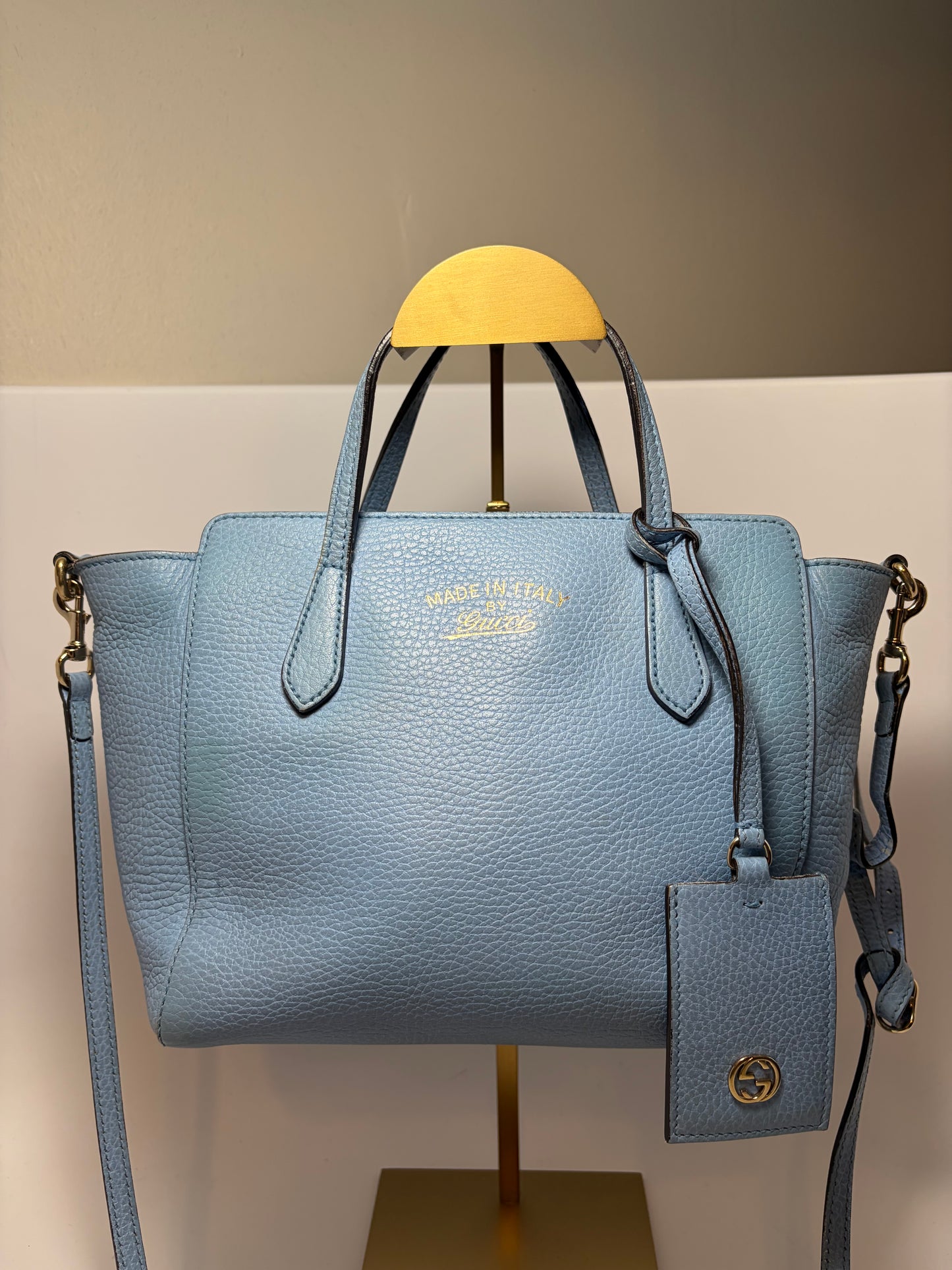 Gucci Mini Swing Tote Baby Blue Pebble Leather w/Crossbody Strap